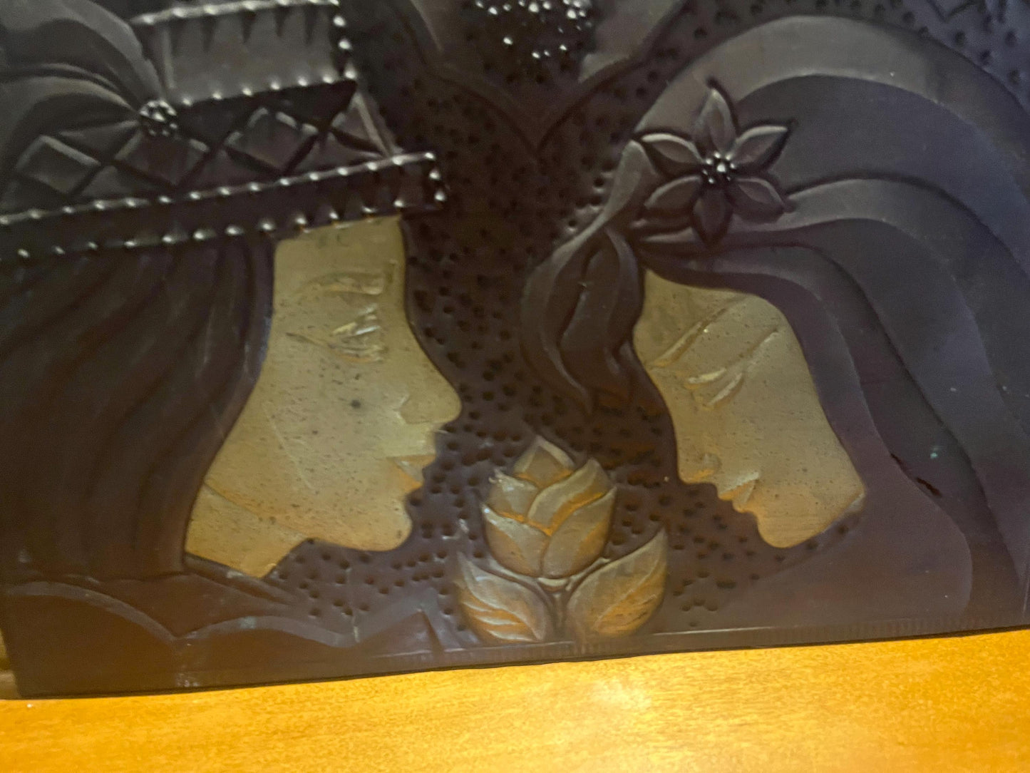 Stunning antique copper plaque depicting lovers   religious overtones  wonderful quality and ready to hang - 17 x 12 inches