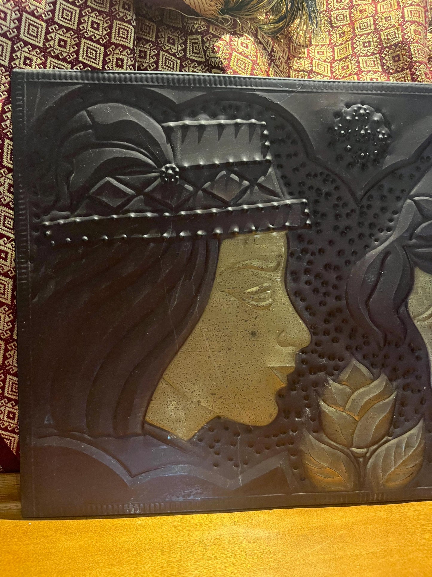 Stunning antique copper plaque depicting lovers   religious overtones  wonderful quality and ready to hang - 17 x 12 inches