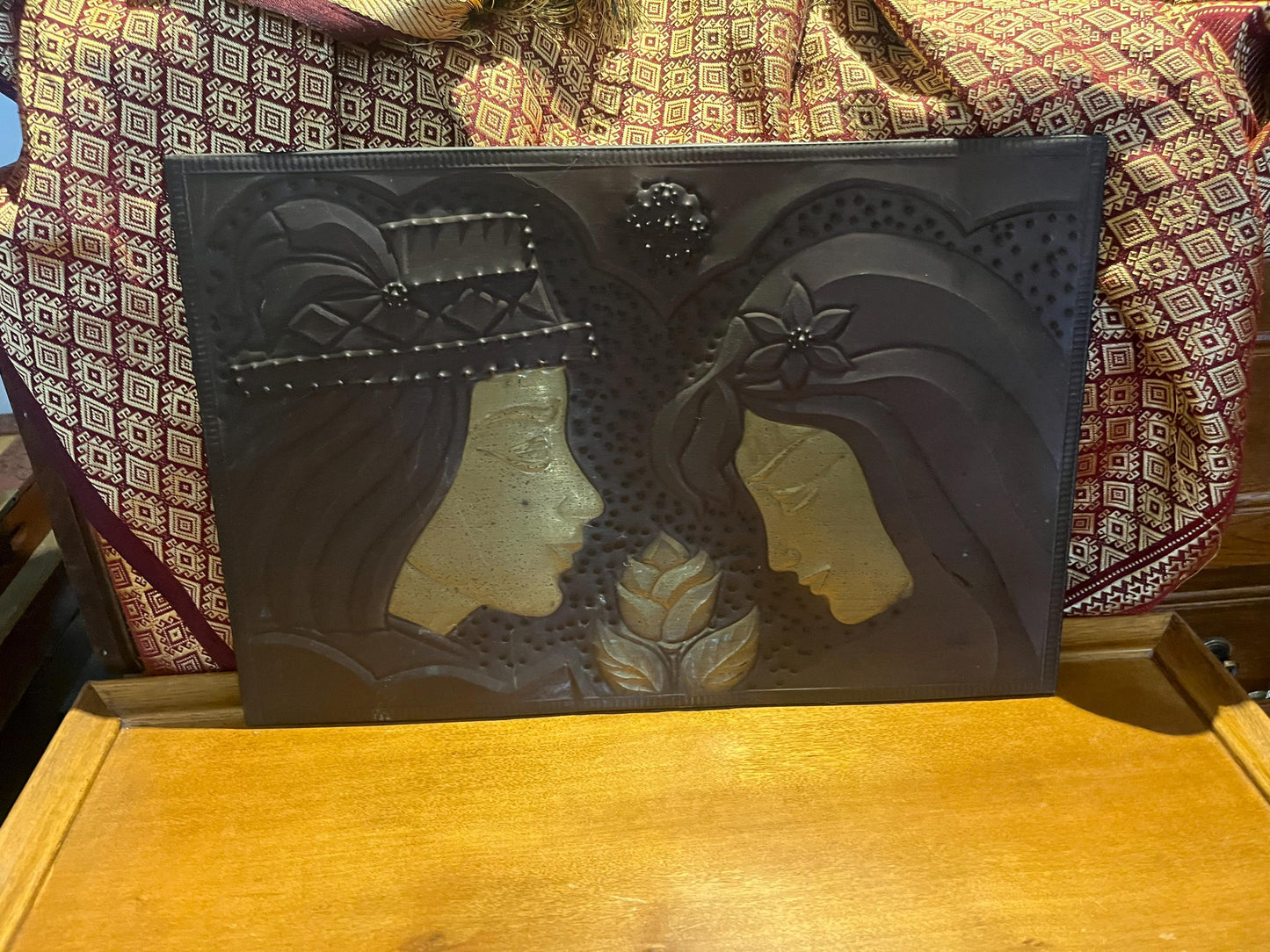 Stunning antique copper plaque depicting lovers   religious overtones  wonderful quality and ready to hang - 17 x 12 inches