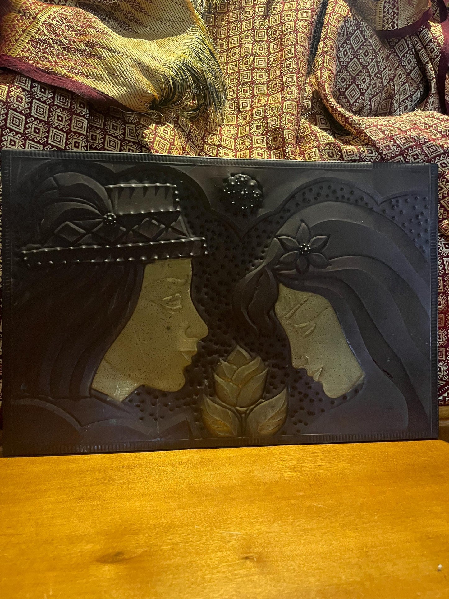 Stunning antique copper plaque depicting lovers   religious overtones  wonderful quality and ready to hang - 17 x 12 inches