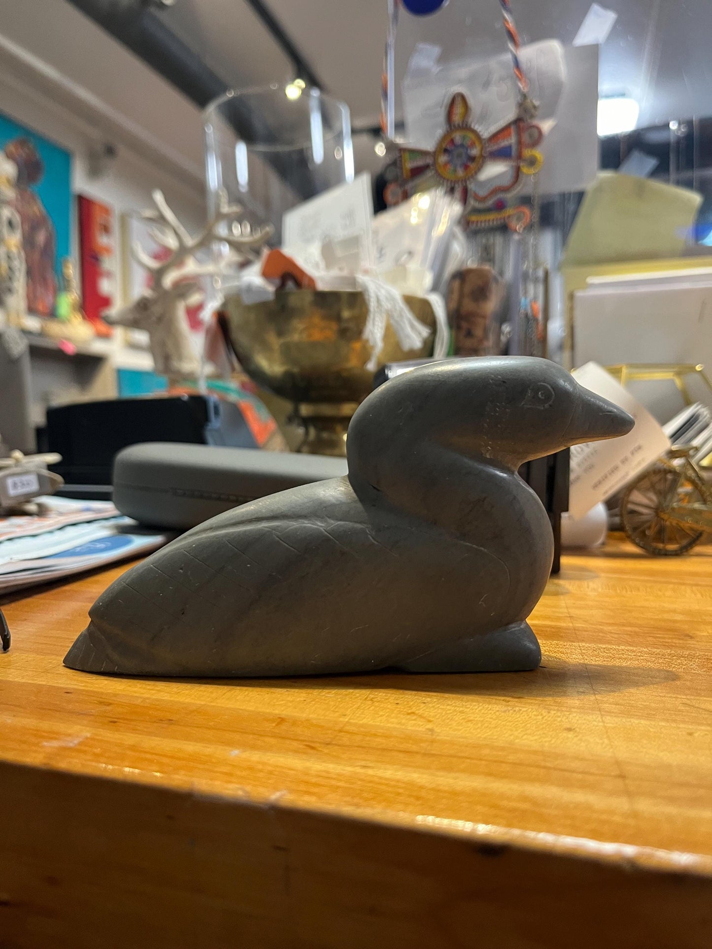 Indigenous Inuit 6 x 3 high soapstone bird  good condition and signed and good value