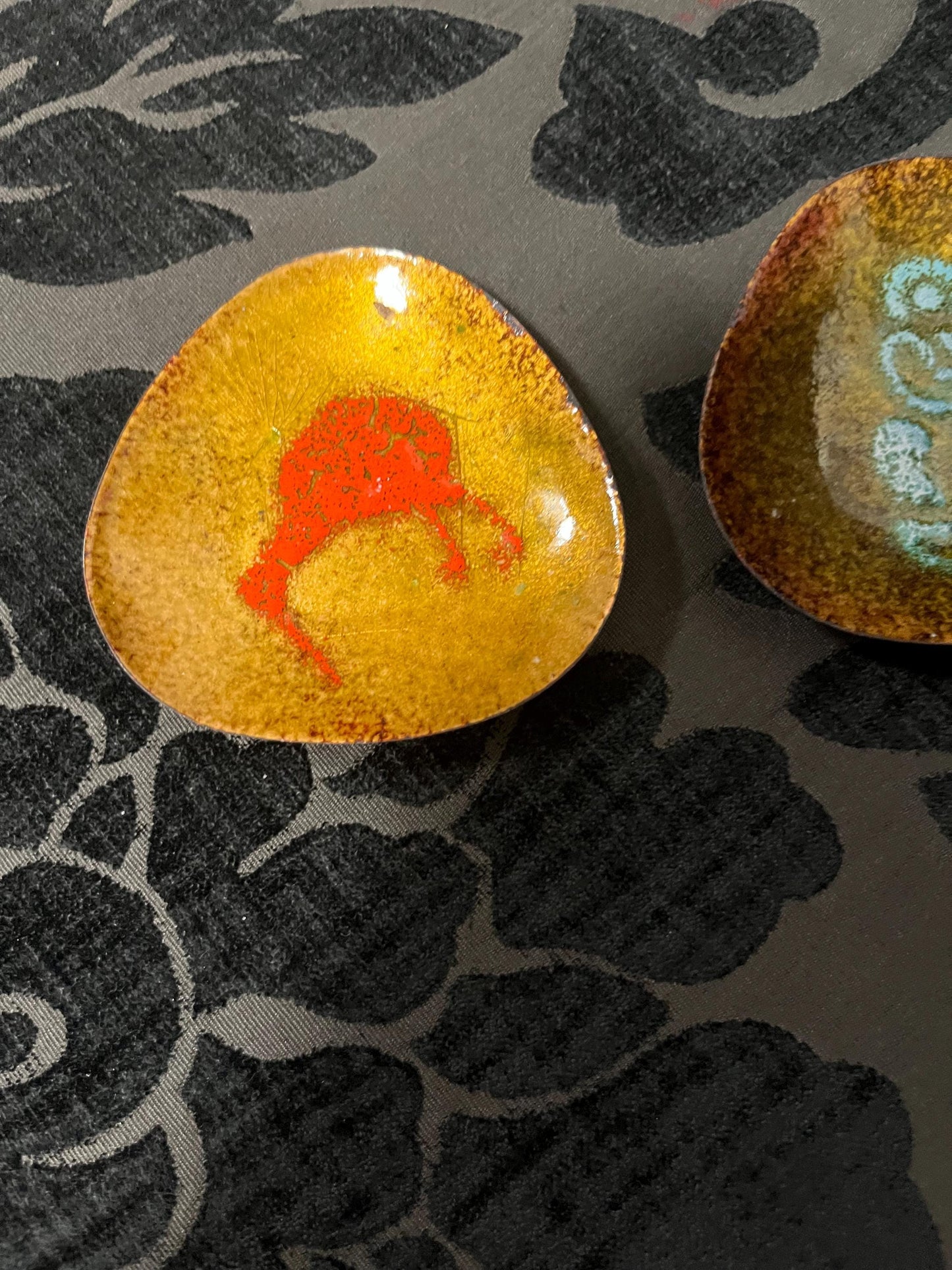 Two beautiful 3 inch enamel and copper vintage dishes