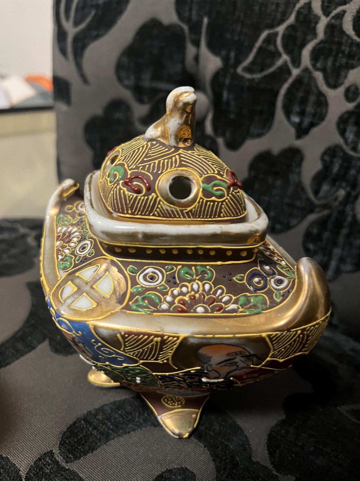 Pair Japanese vintage satsuma lidded pots  5 x 6 inches high  great value