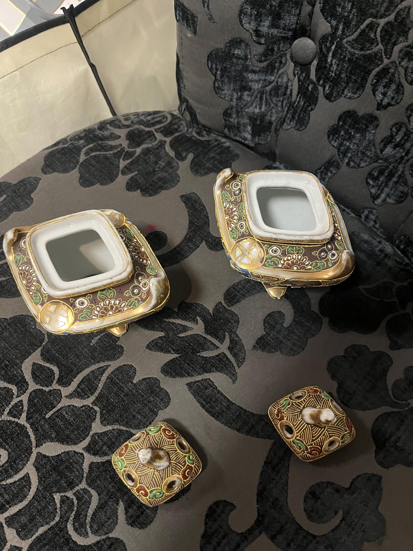 Pair Japanese vintage satsuma lidded pots  5 x 6 inches high  great value