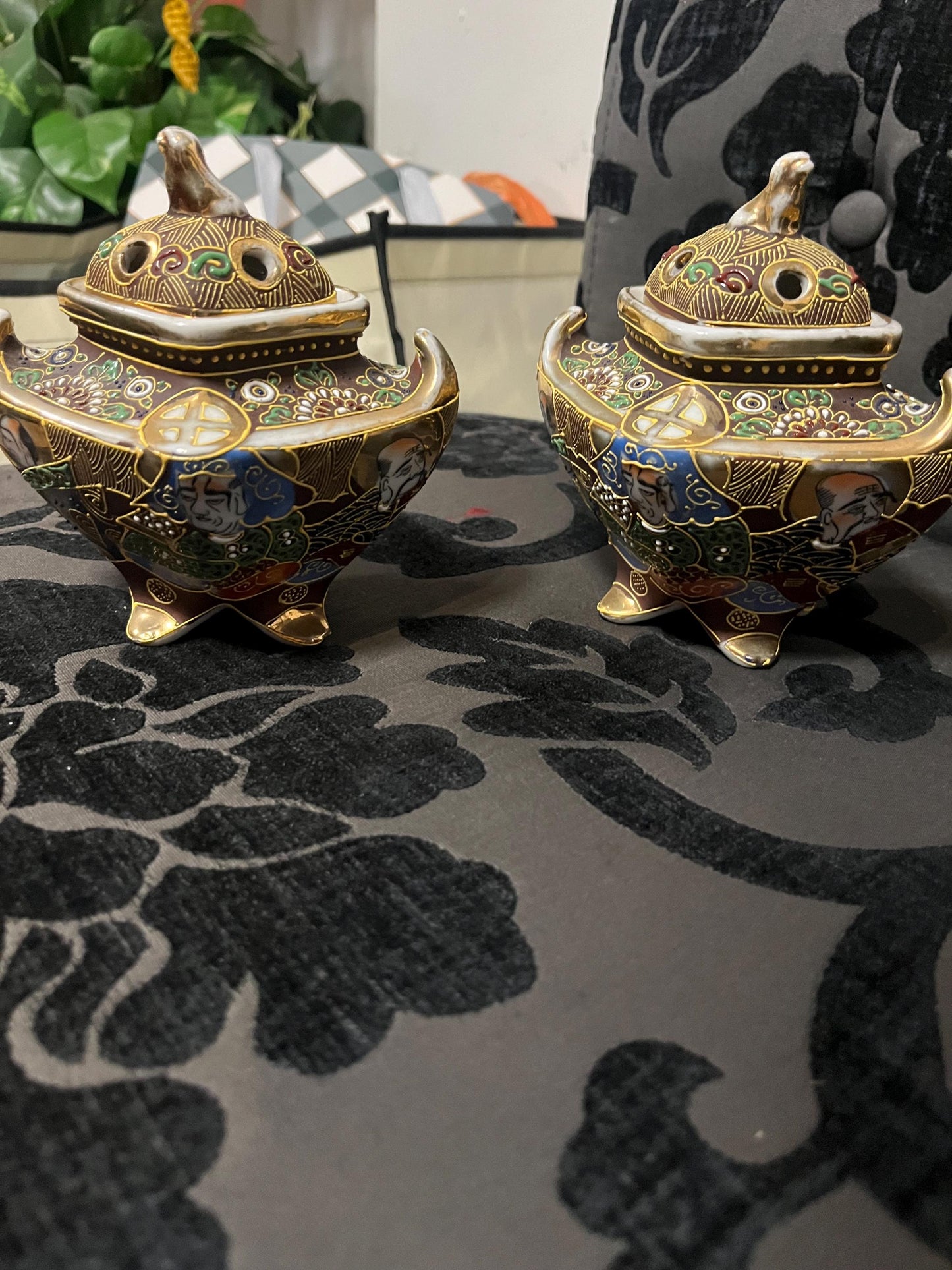 Pair Japanese vintage satsuma lidded pots  5 x 6 inches high  great value