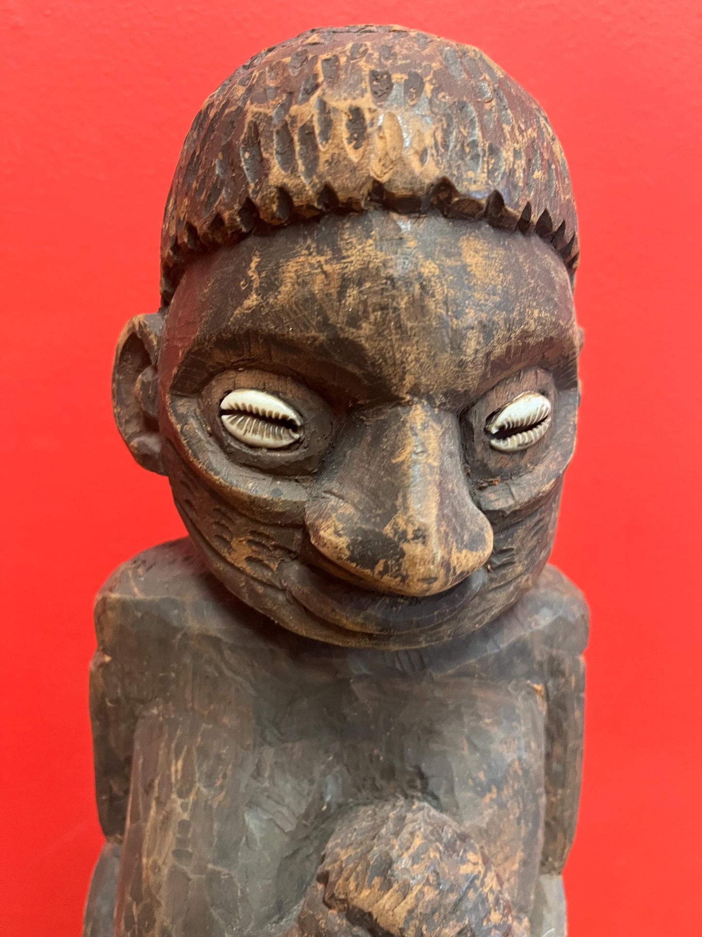 Super West African 16 inch wood statue of a mother feeding her son   shell eyes  amazing patina and imagery antique heavy African beauty
