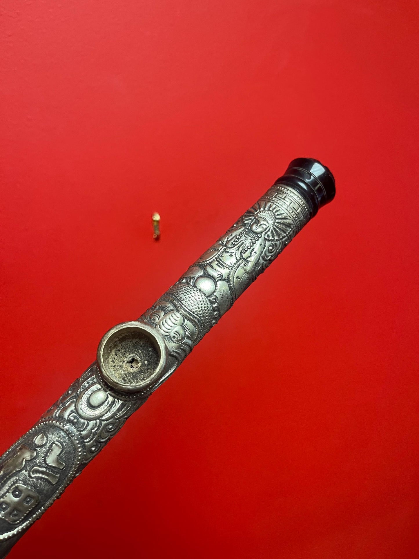 Amazing Tibetan silver antique 20 inch long pipe  crazy cool graphics  authentic eastern piece  wow