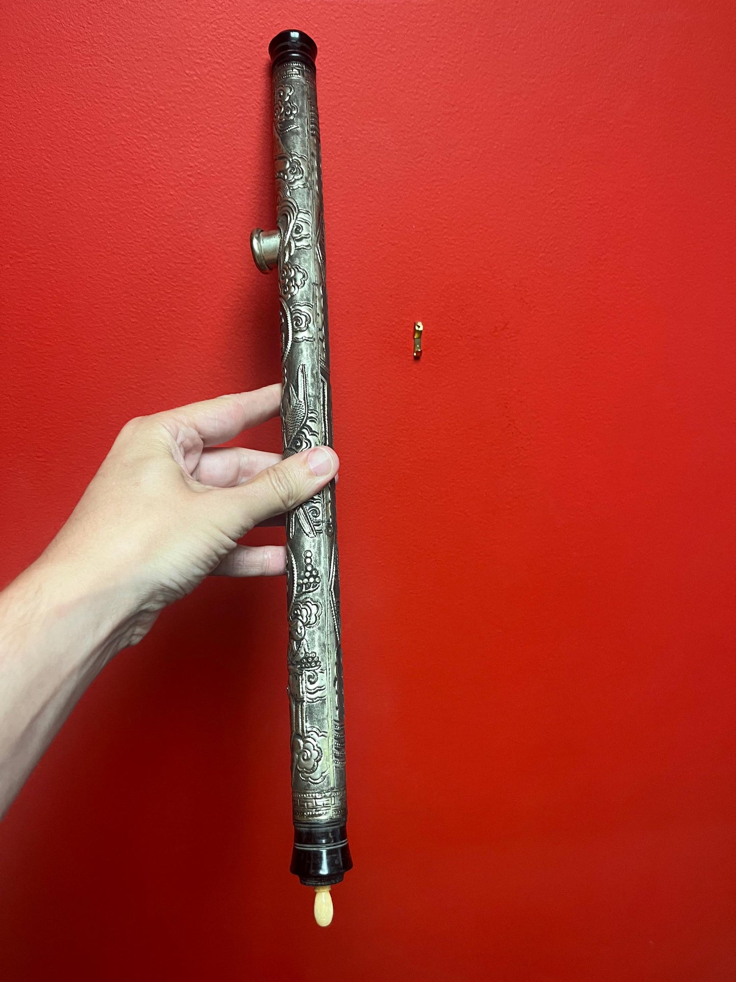 Amazing Tibetan silver antique 20 inch long pipe  crazy cool graphics  authentic eastern piece  wow