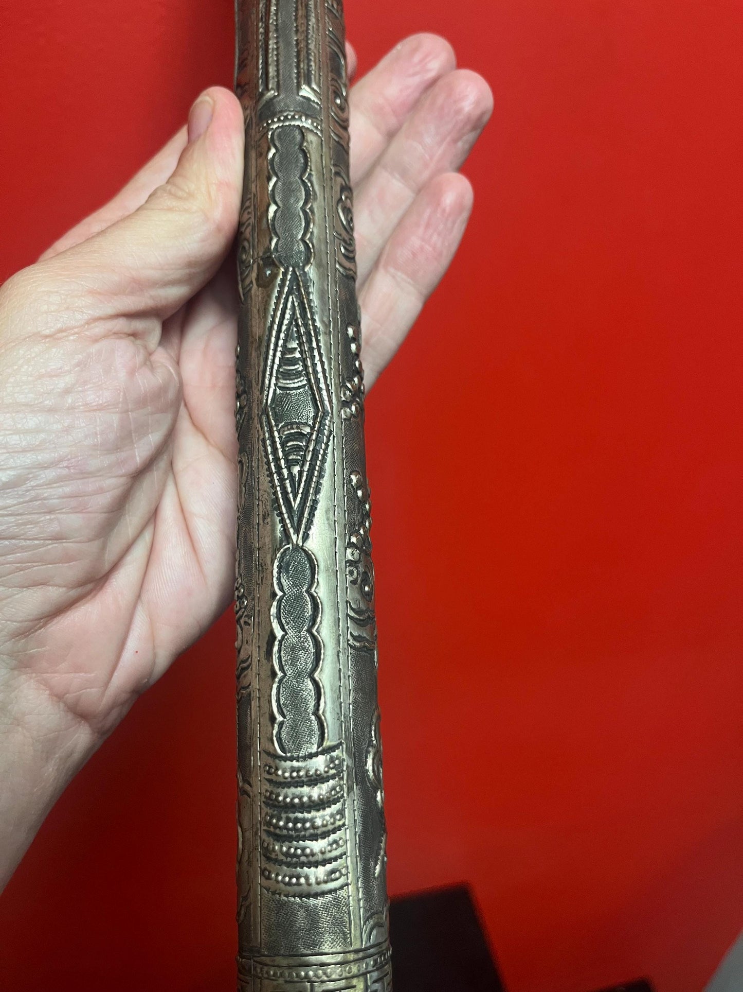 Amazing Tibetan silver antique 20 inch long pipe  crazy cool graphics  authentic eastern piece  wow