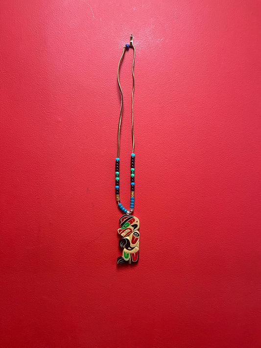 Stunning 5 inch indigenous first nations Pacific northwest Coast signed wooden pendant with 30 inch beaded  necklace — wow