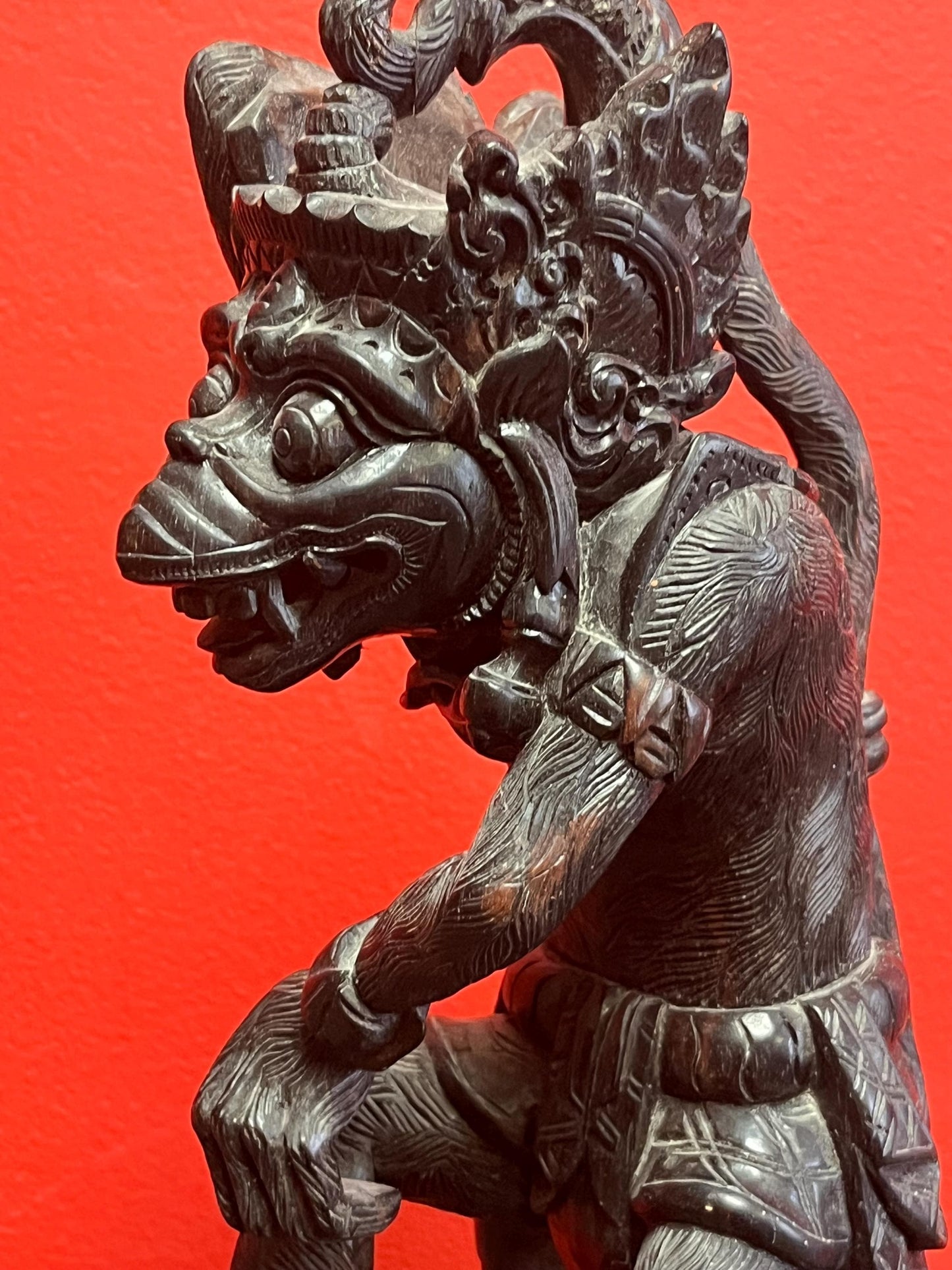 Exceptional Hindu statue of HANUMAN  intense detail and carving  13 inches tall with wonderful imagery  wow