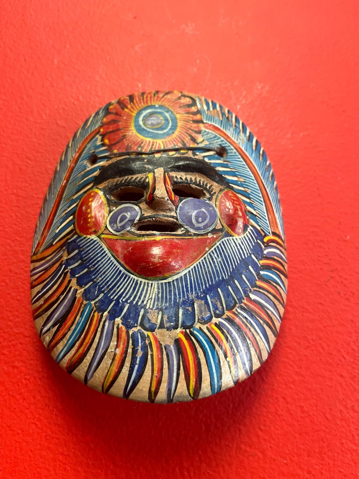 Beautiful old 6 inch tall Clay sun mask  Mexican  well painted  ready to hang  folk art beauty  wow