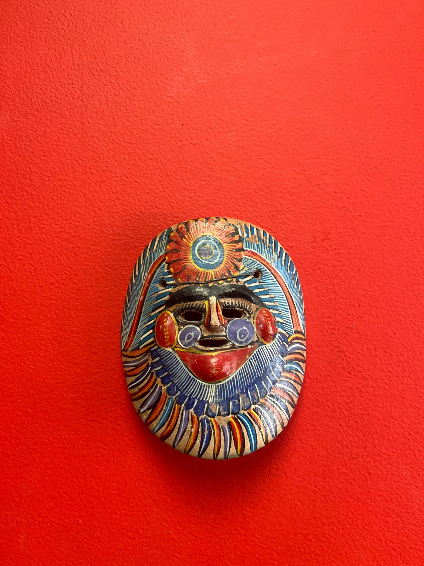 Beautiful old 6 inch tall Clay sun mask  Mexican  well painted  ready to hang  folk art beauty  wow