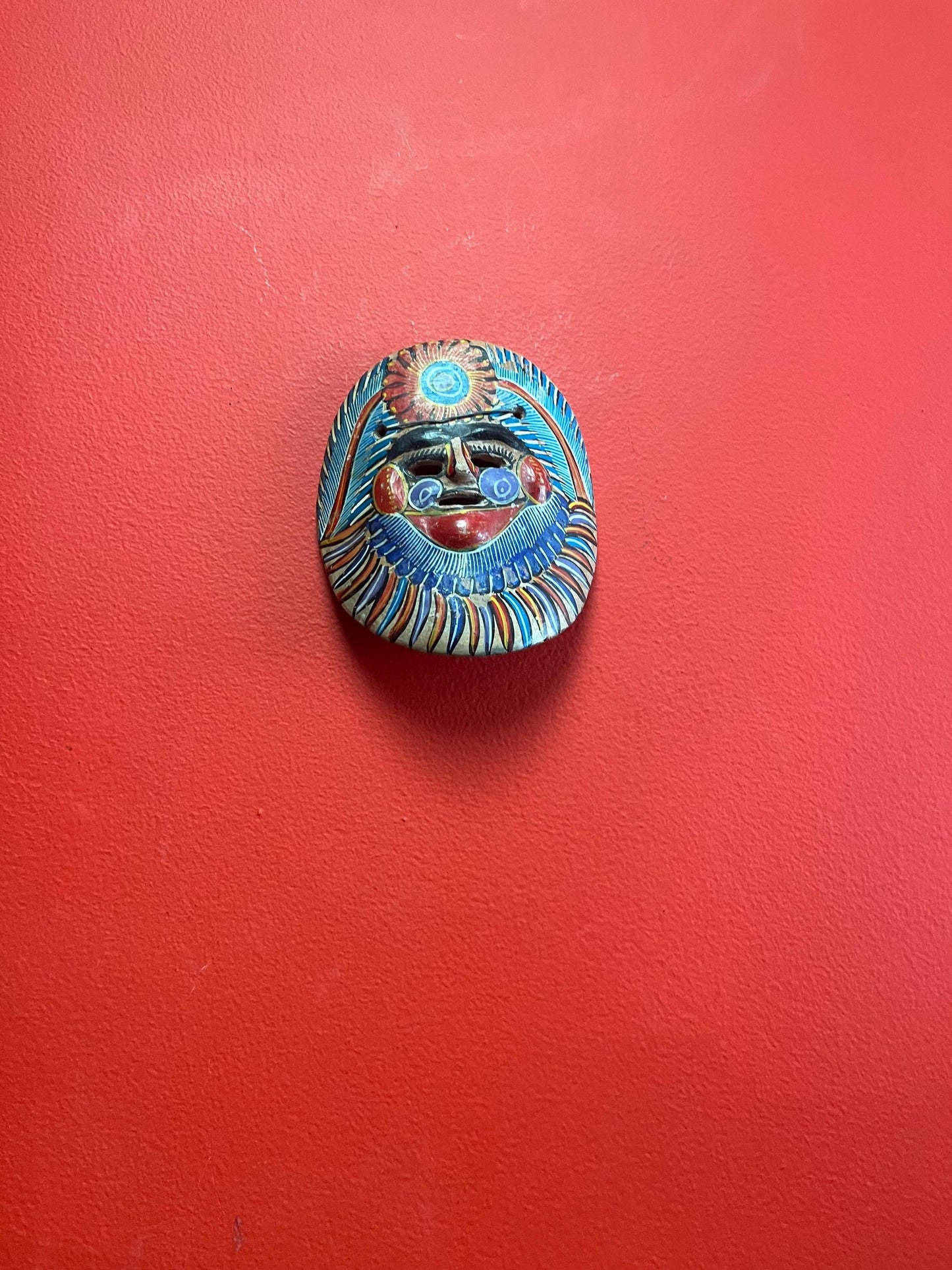 Beautiful old 6 inch tall Clay sun mask  Mexican  well painted  ready to hang  folk art beauty  wow