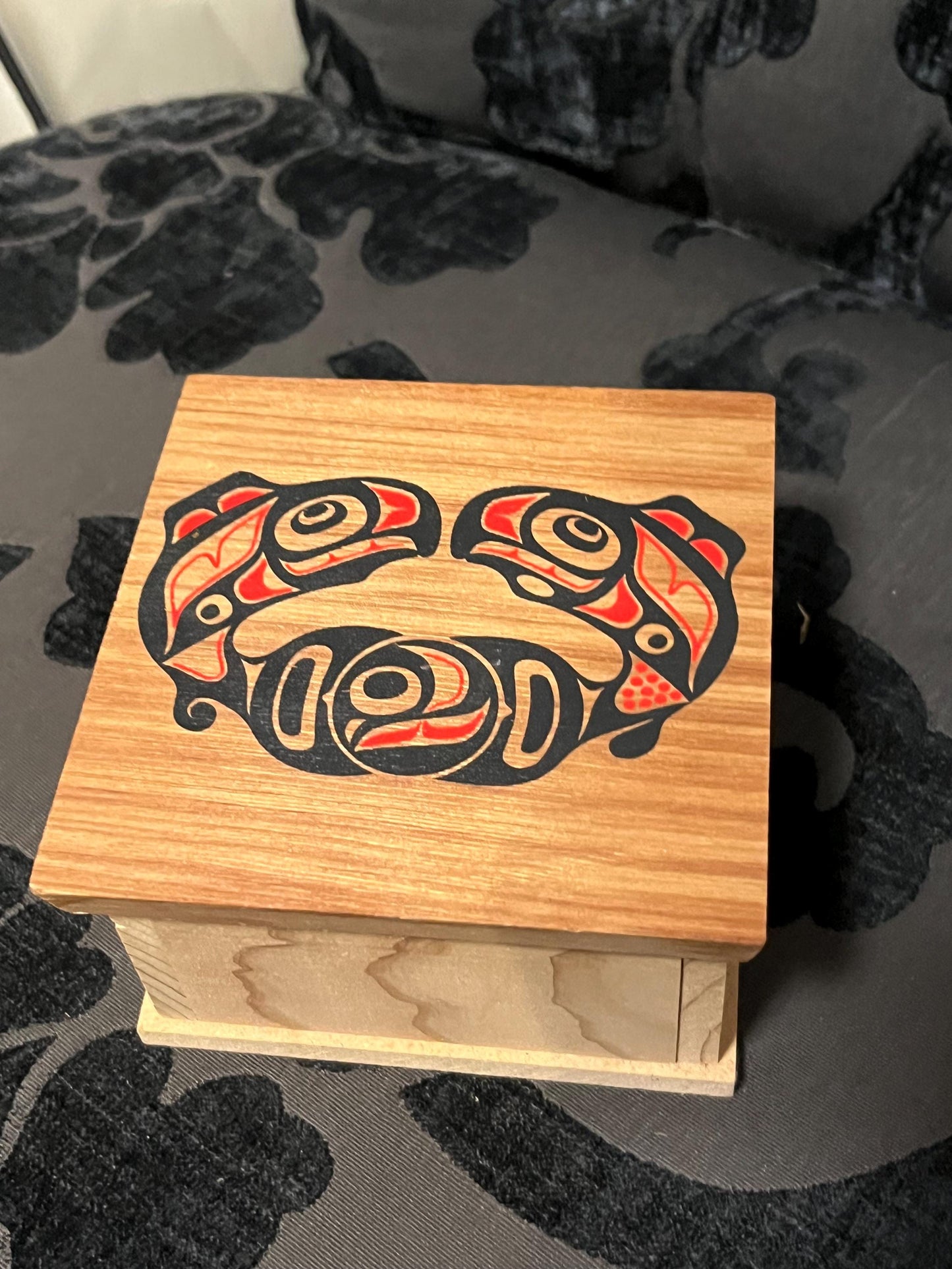 4 x 3 high indigenous first nations wooden and painted box  salmon rejoice