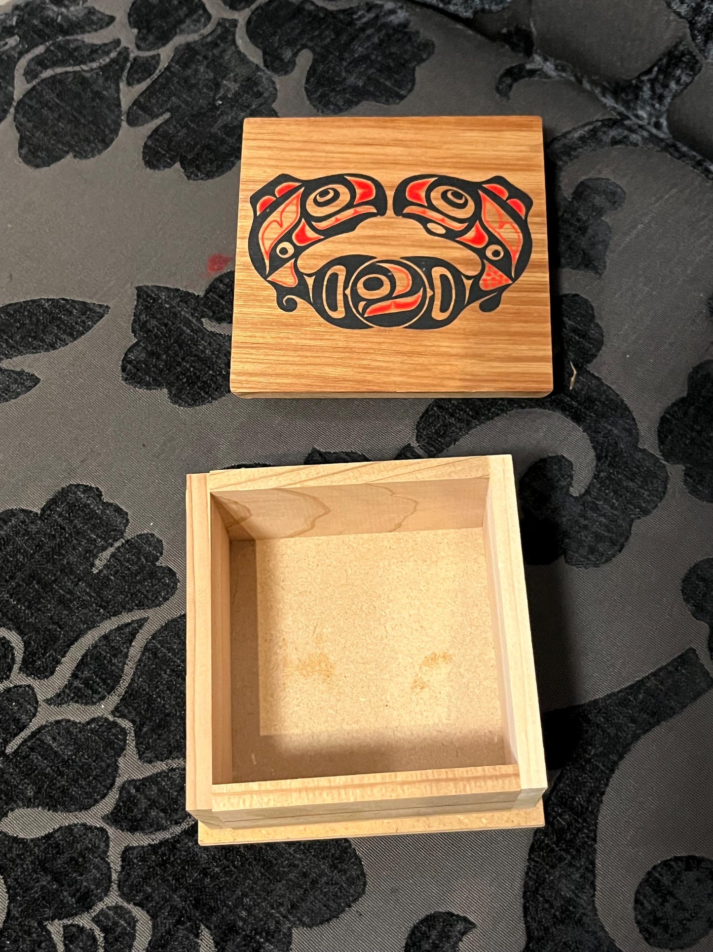 4 x 3 high indigenous first nations wooden and painted box  salmon rejoice