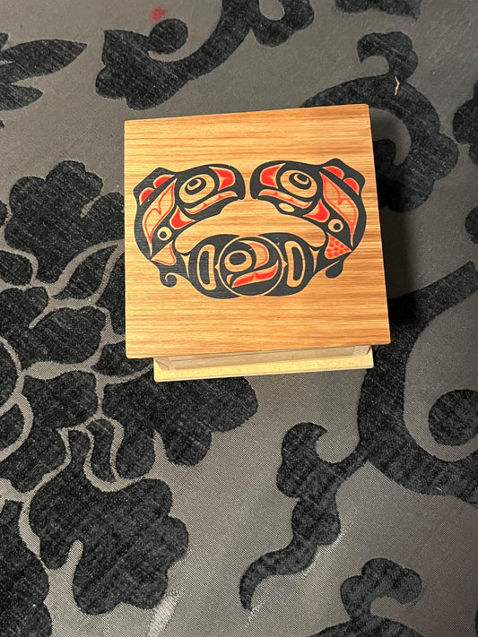 4 x 3 high indigenous first nations wooden and painted box  salmon rejoice