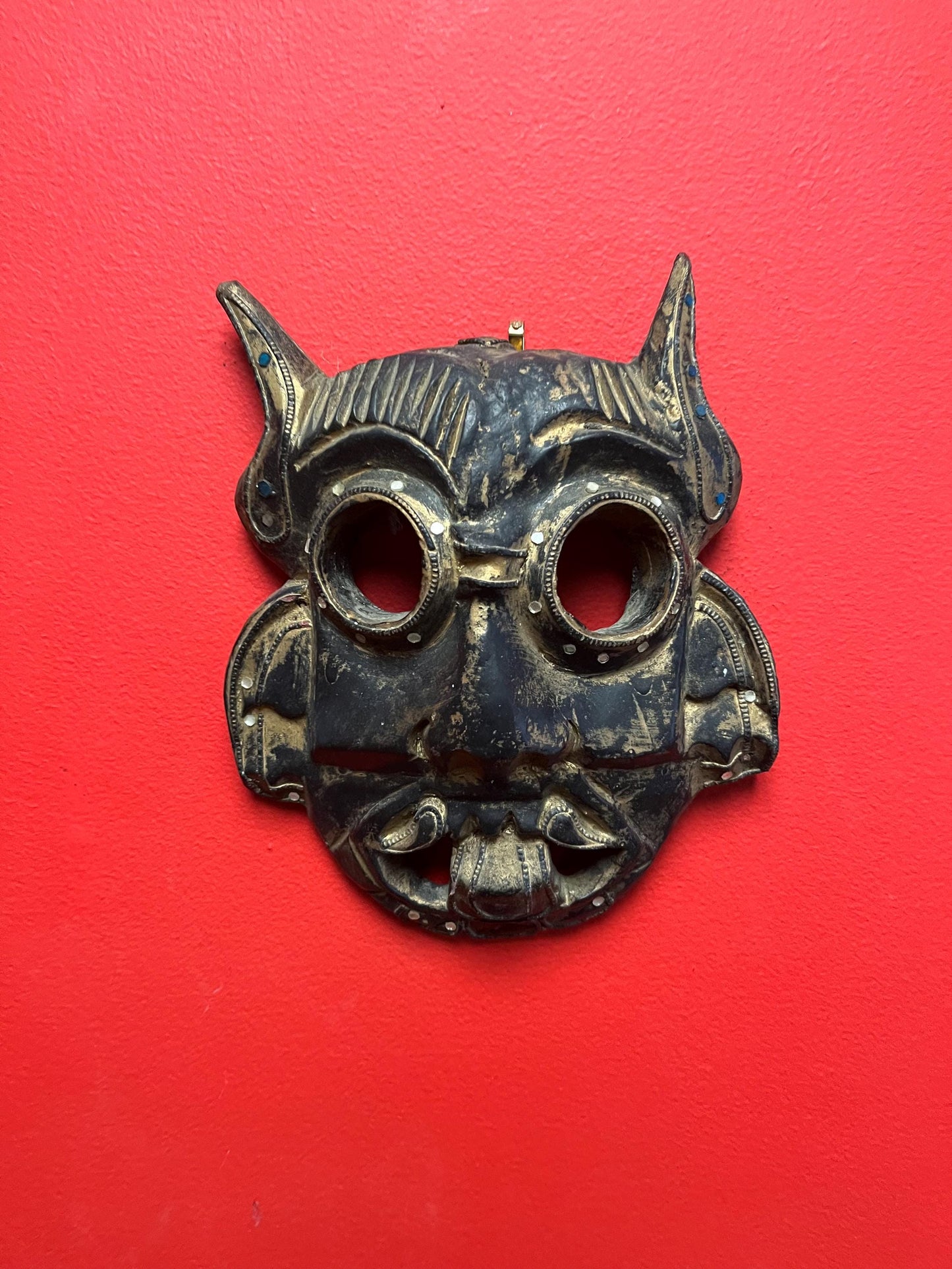 Lovely antique 10 x 8 Tibetan mask with Sparkled jewels  great patina, and ready to hang wow