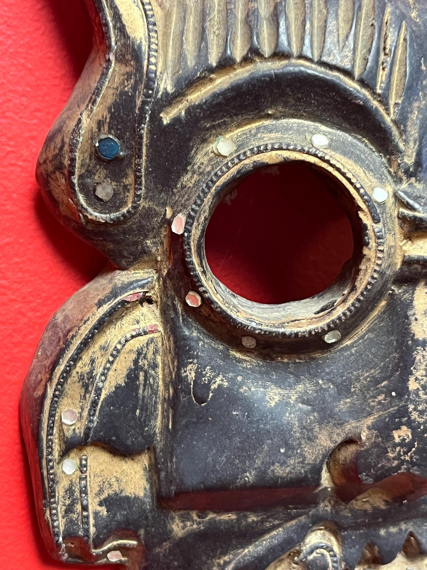 Lovely antique 10 x 8 Tibetan mask with Sparkled jewels  great patina, and ready to hang wow