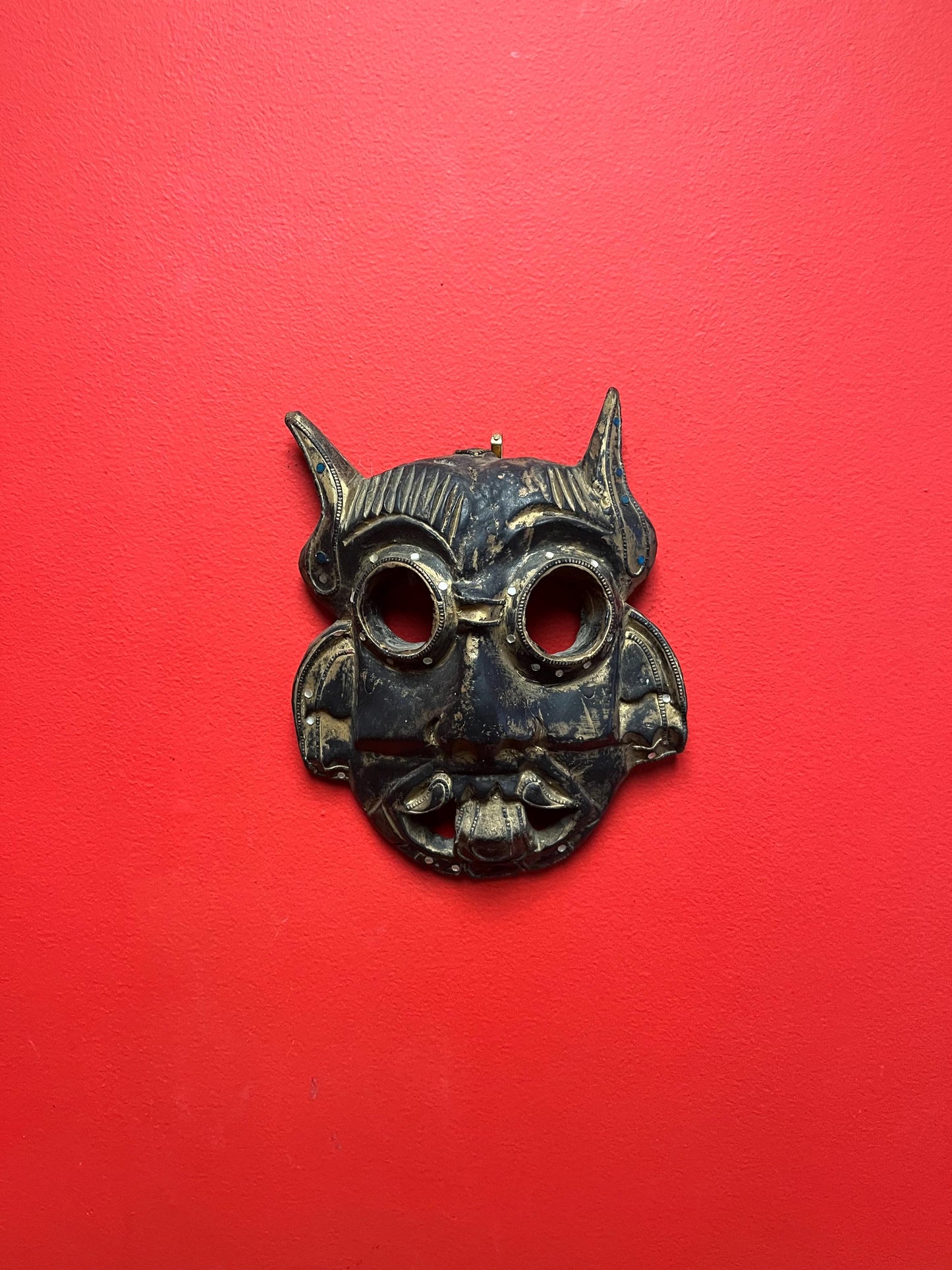 Lovely antique 10 x 8 Tibetan mask with Sparkled jewels  great patina, and ready to hang wow