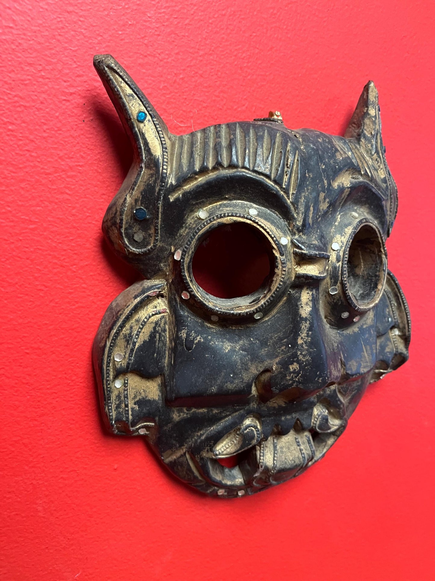 Lovely antique 10 x 8 Tibetan mask with Sparkled jewels  great patina, and ready to hang wow