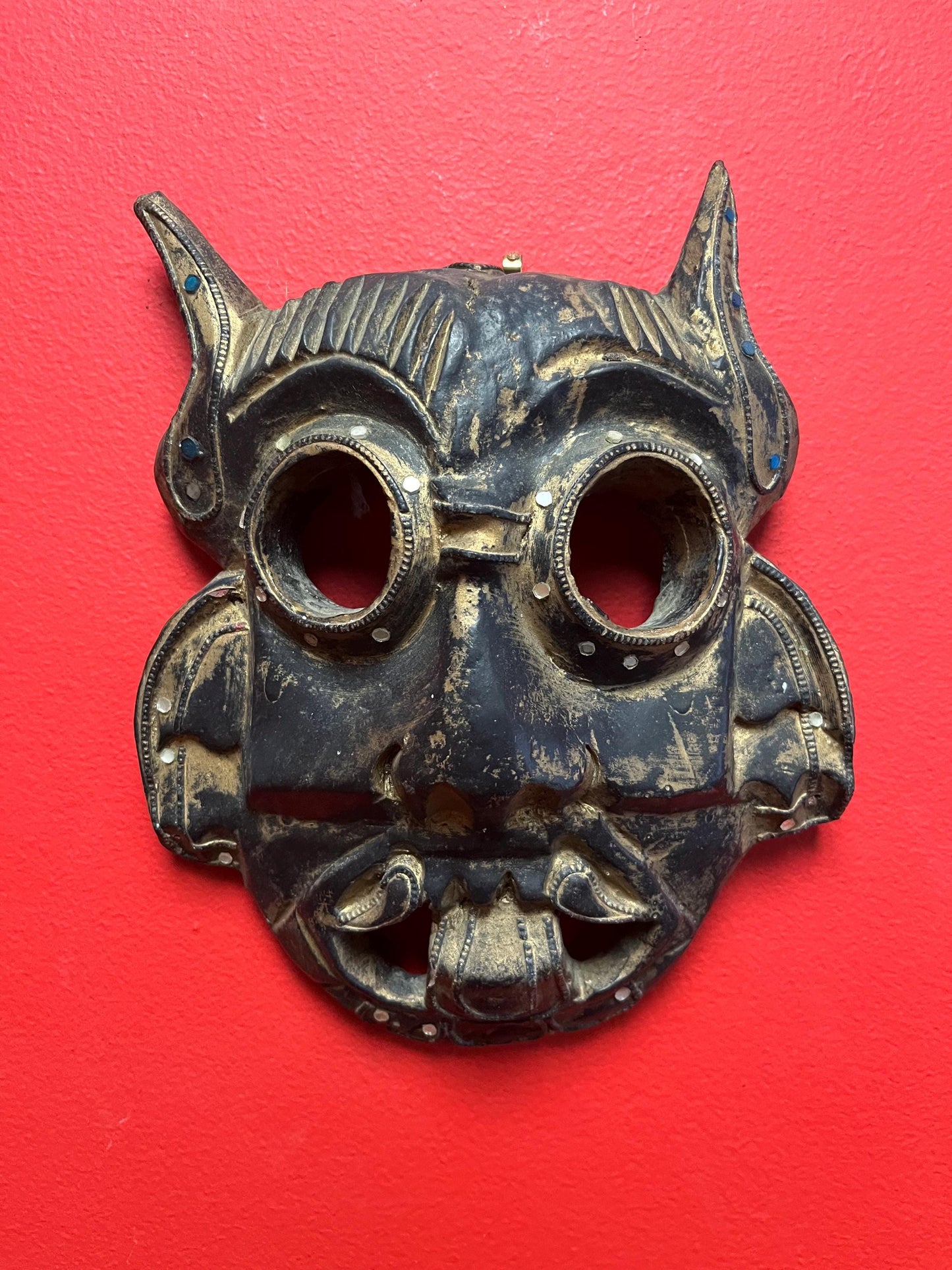 Lovely antique 10 x 8 Tibetan mask with Sparkled jewels  great patina, and ready to hang wow