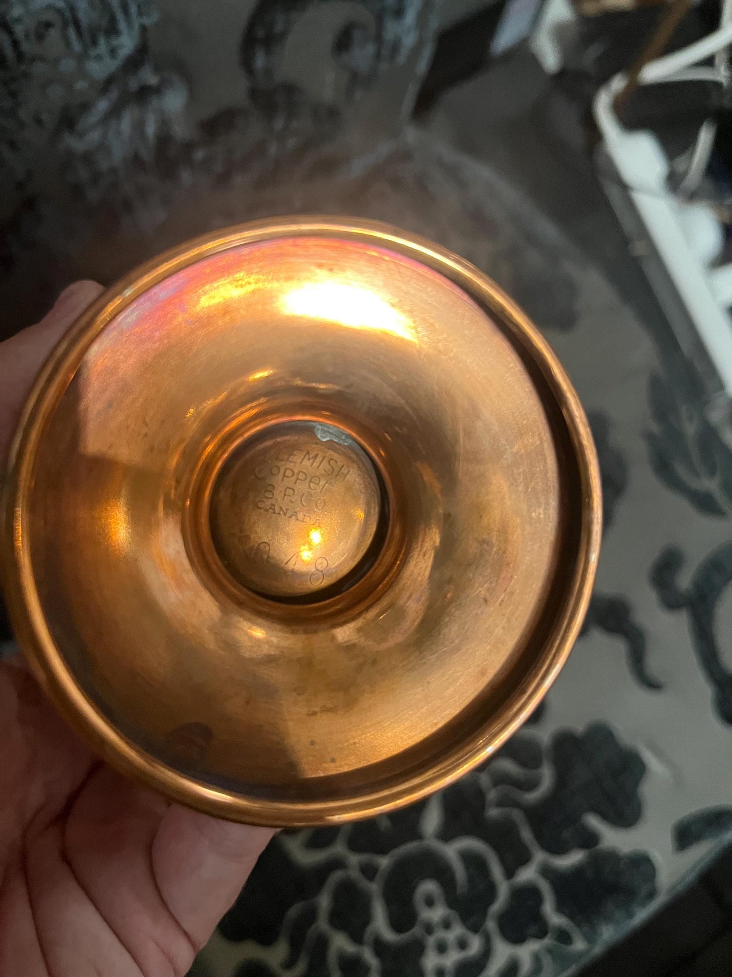 9 inch high old Flemish Copper jug with rattan handle  great condition  great gift