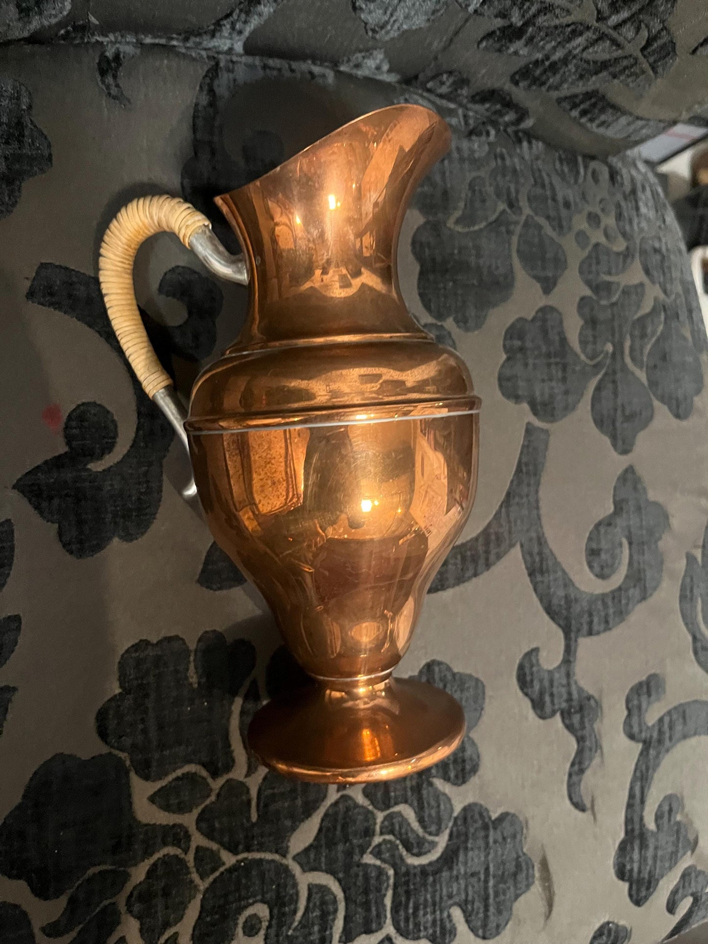 9 inch high old Flemish Copper jug with rattan handle  great condition  great gift