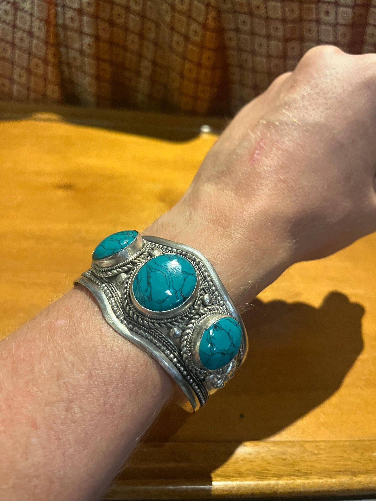 Nepalese 3 inch silver and turquoise bangle cuff  great look and slightly adjustable to wrist