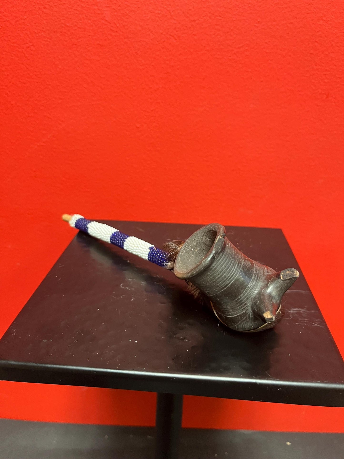 Unique antique rare 9 x 3“ high South American Clay wood beads, and feather pipe  little as is  great value