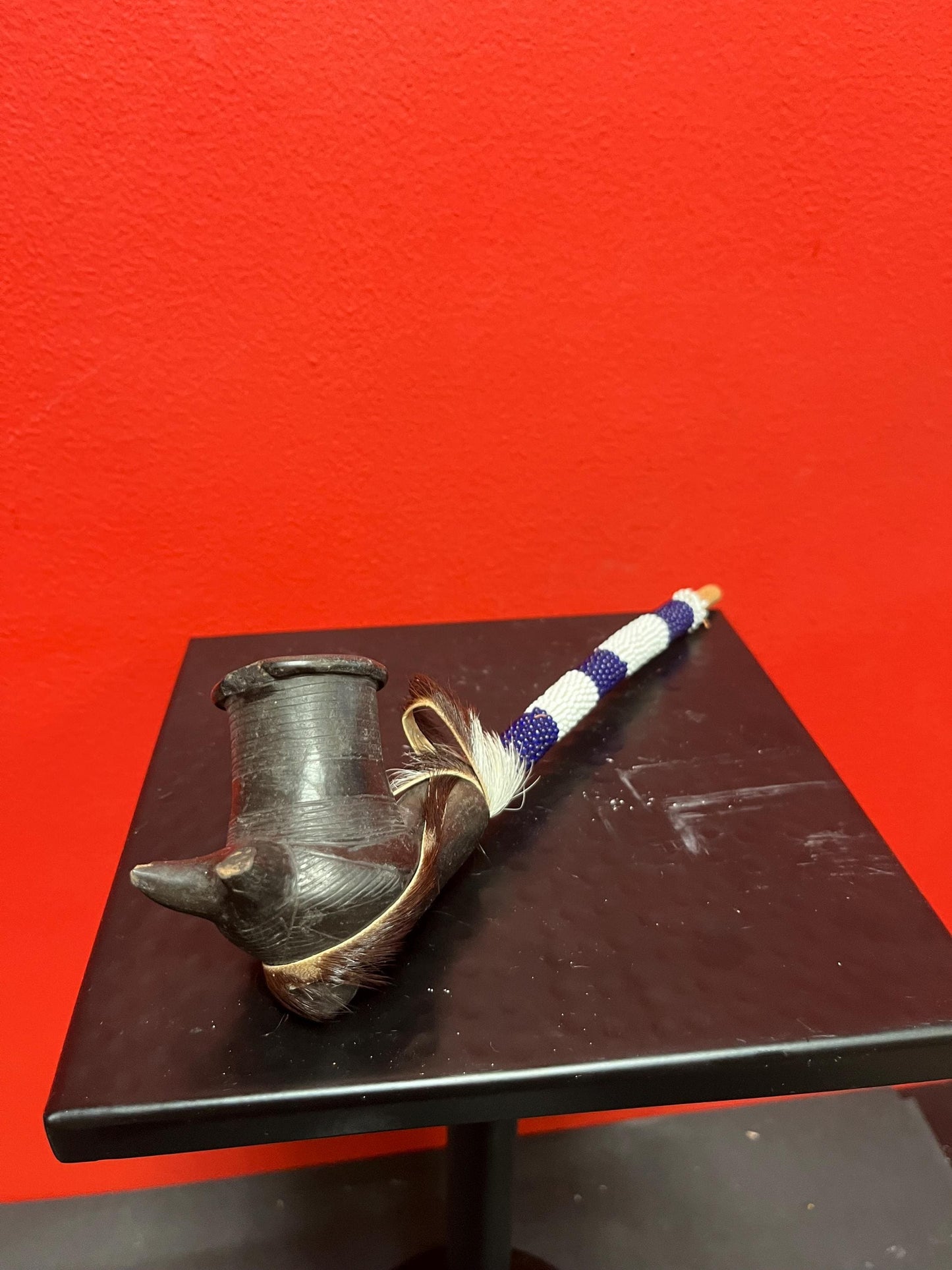 Unique antique rare 9 x 3“ high South American Clay wood beads, and feather pipe  little as is  great value