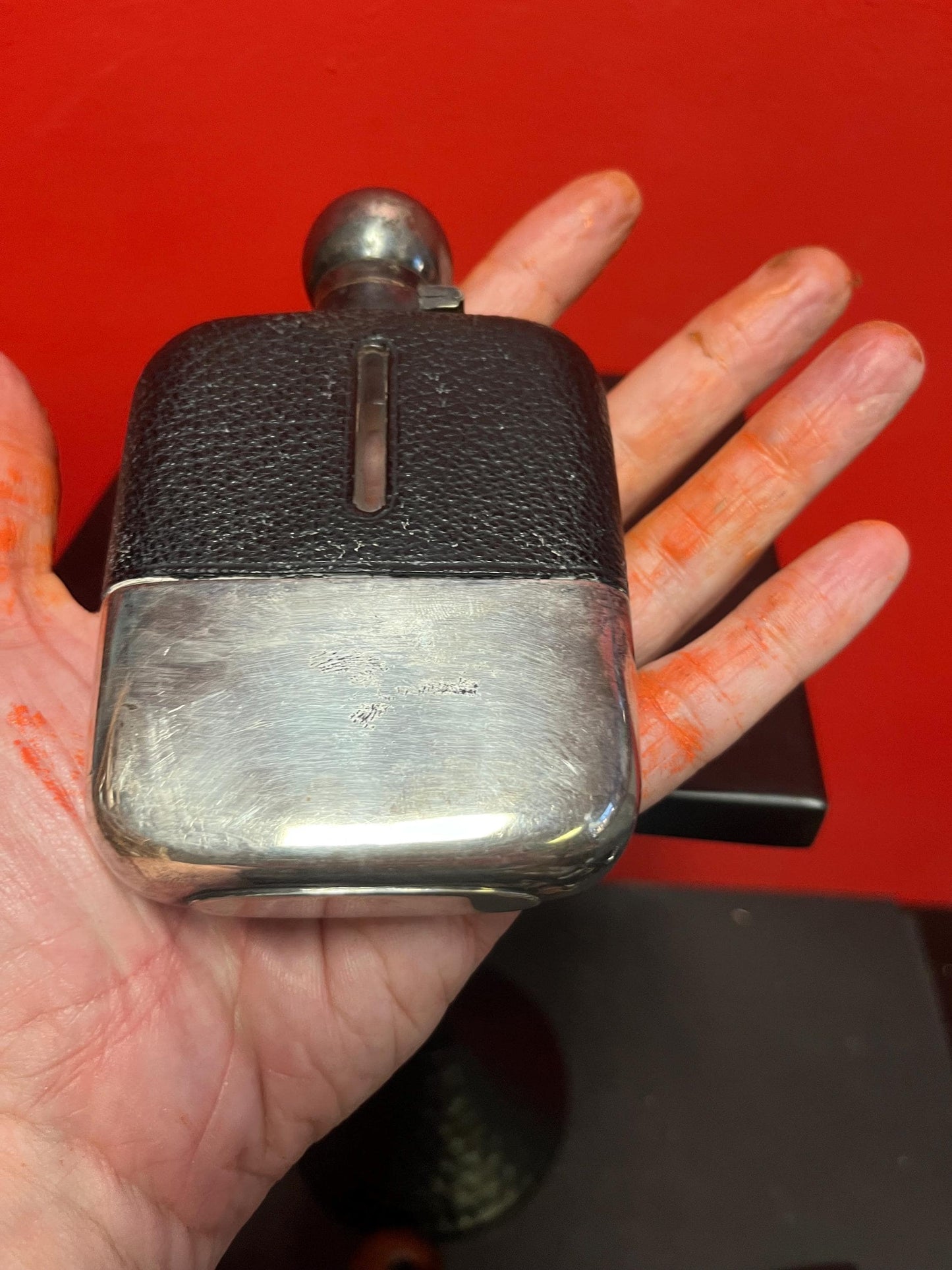 Handsome  5 inch tall leather and silver plated and glass antique English flask  good condition  needs a polish and great gift