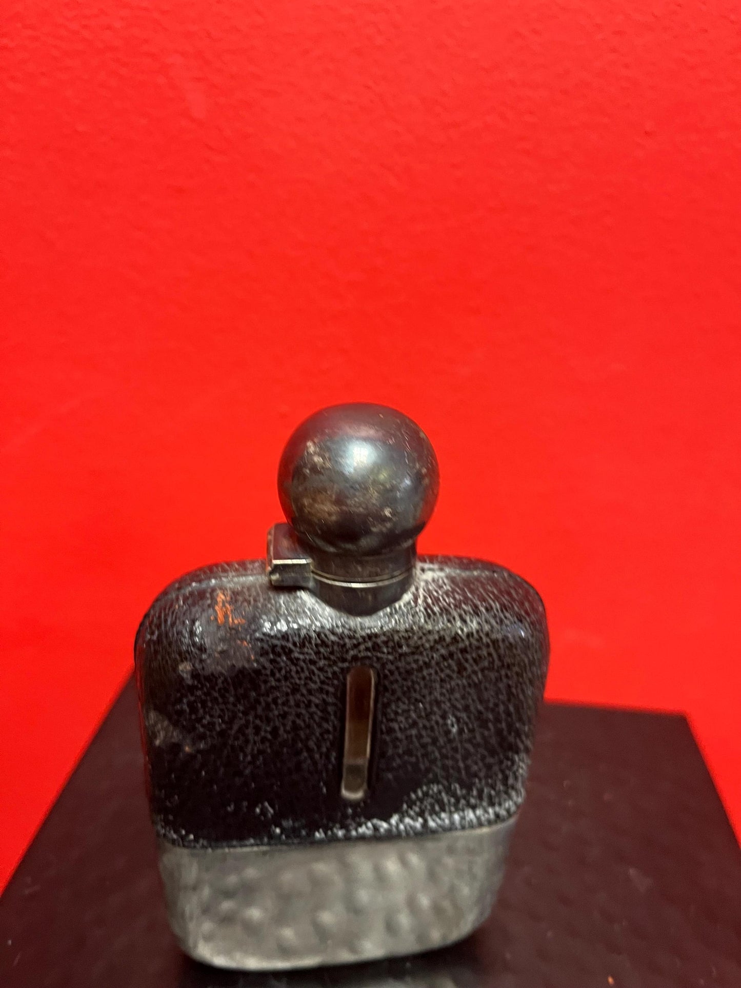 Handsome  5 inch tall leather and silver plated and glass antique English flask  good condition  needs a polish and great gift