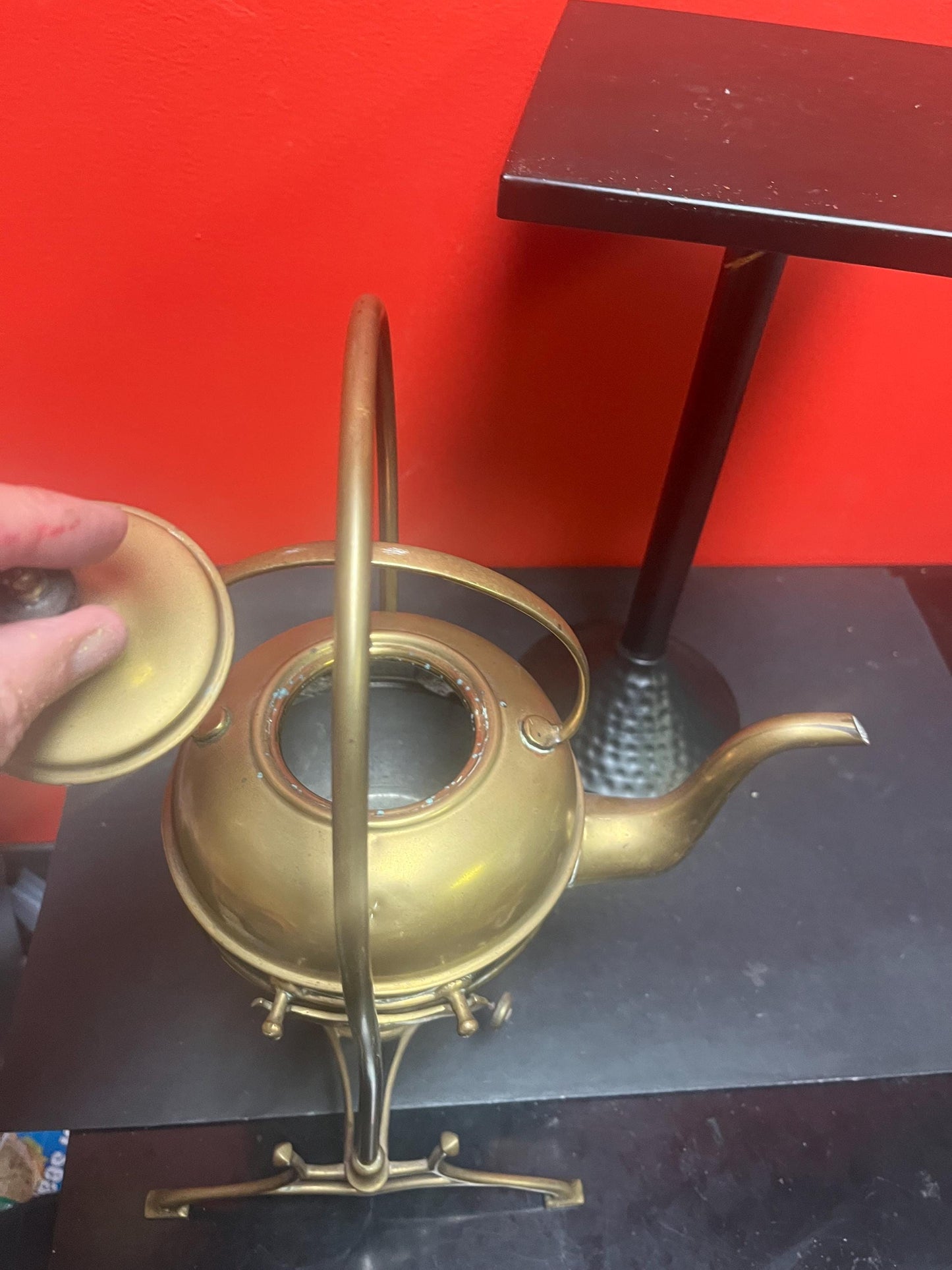 Beautiful antique 15 inch tall brass teapot on stand   couple of dents and great patina  art nouveau  beauty- wow