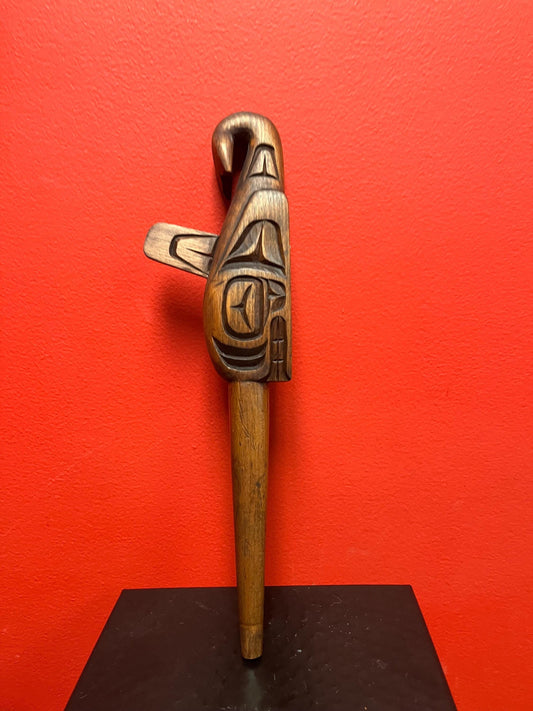 Beautiful 12 inch signed killer whale portable talking stick   indigenous first nations Pacific northwest coast Cedar  wonderful detail