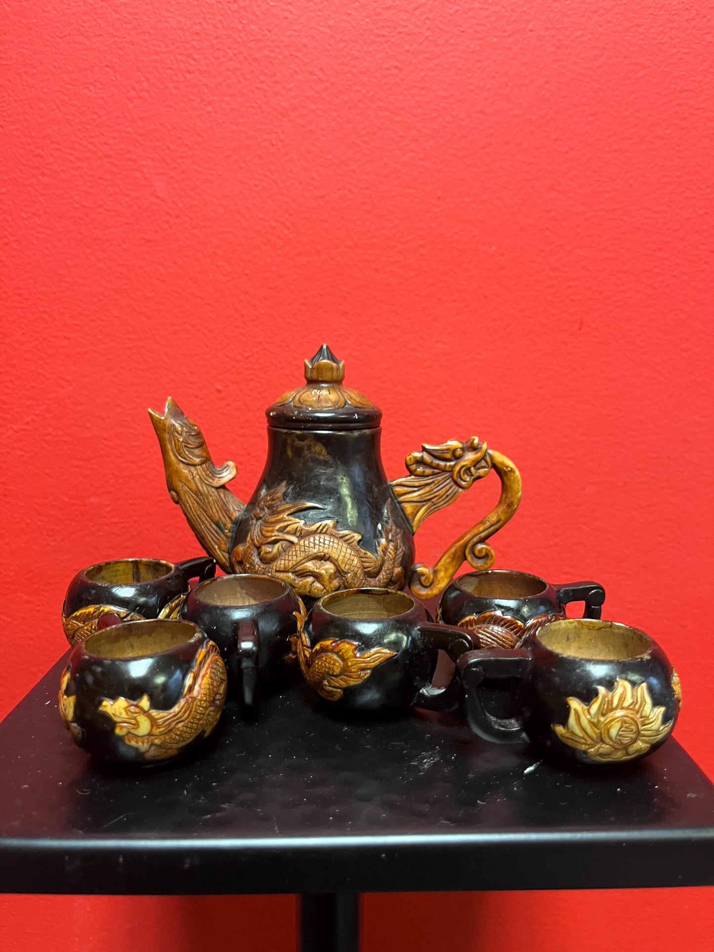 Lovely vintage Chinese stone tea set  teapot 5 inches tall  all signed  great condition