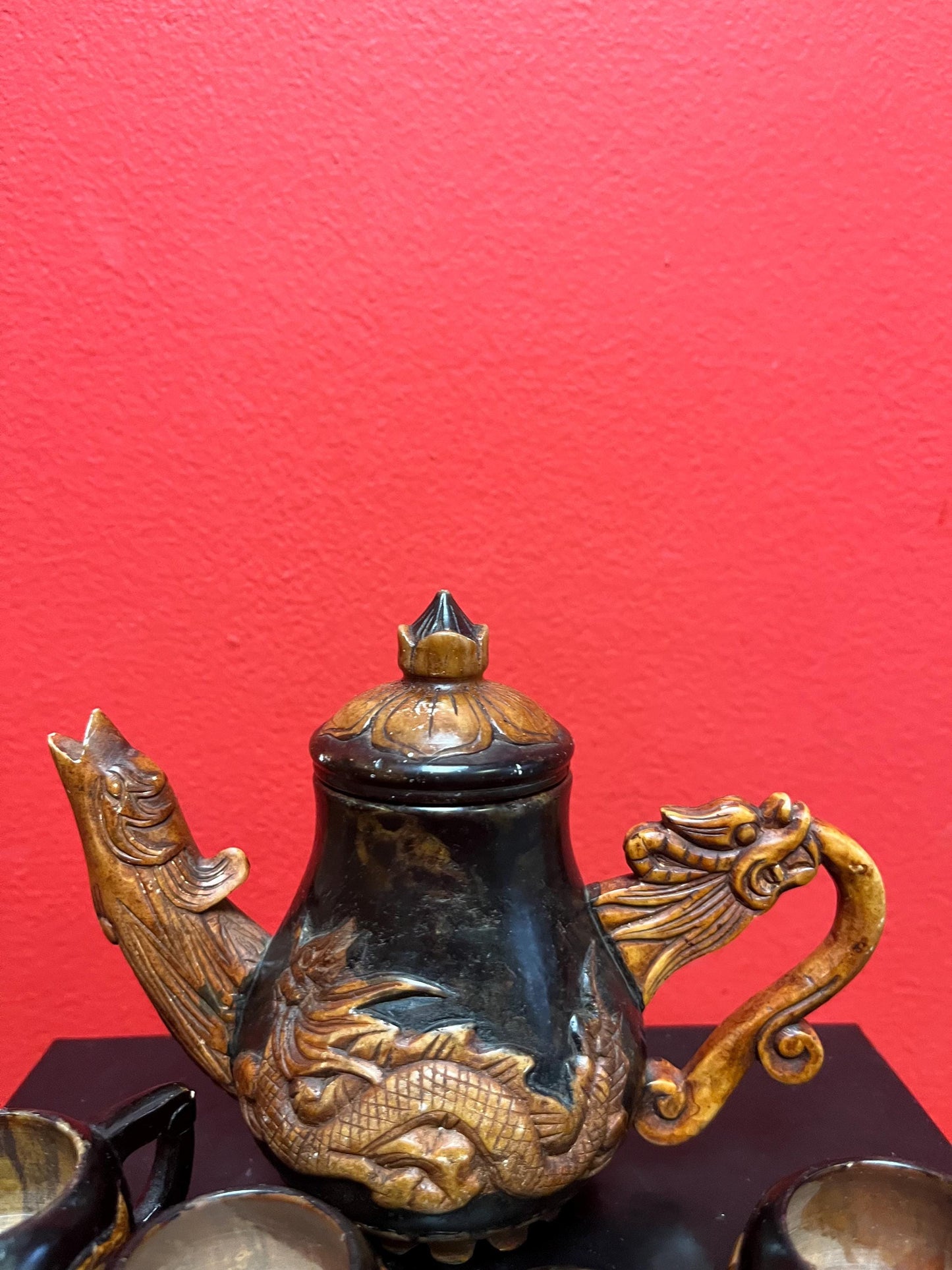 Lovely vintage Chinese stone tea set  teapot 5 inches tall  all signed  great condition