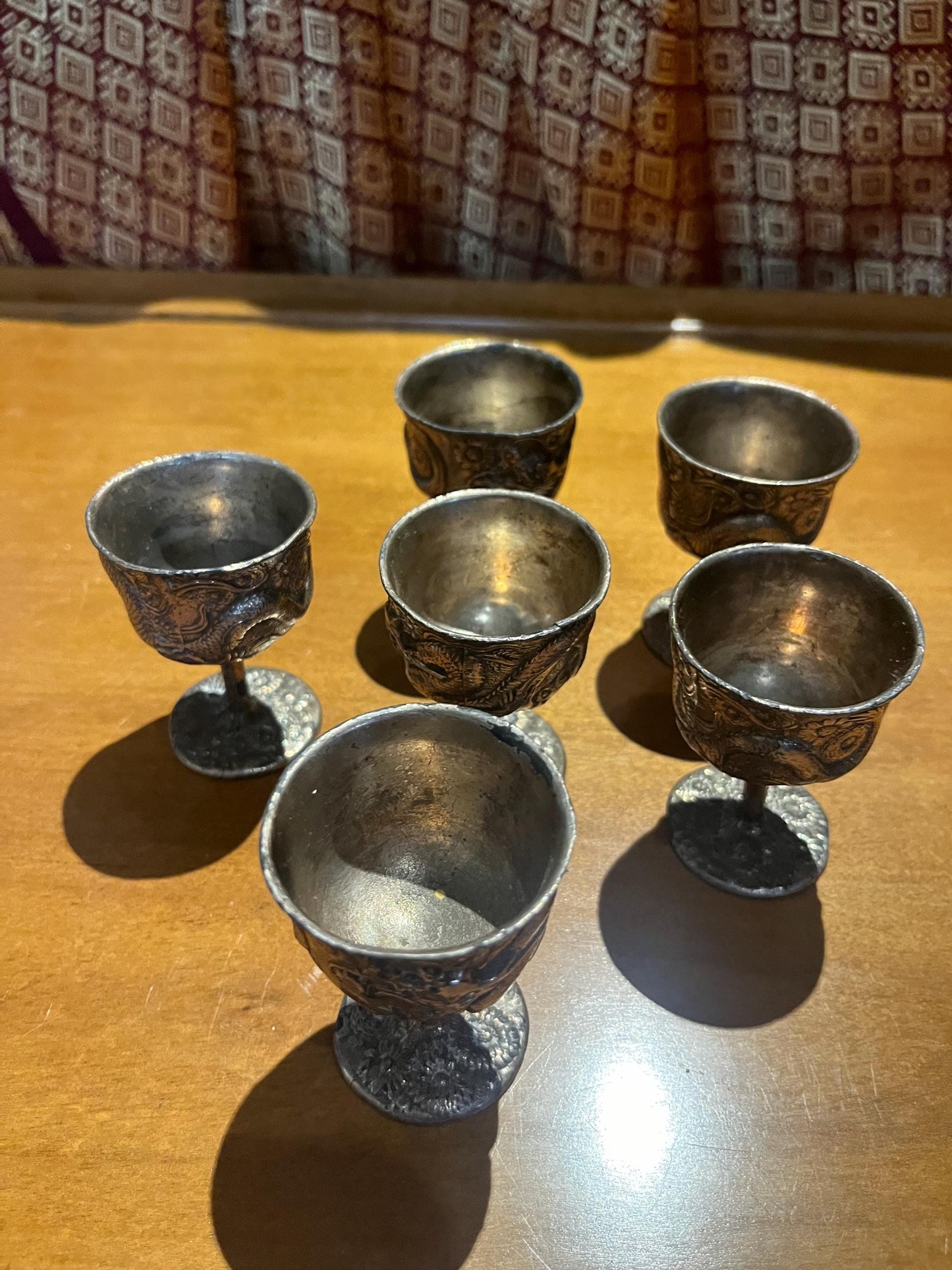 Set of six Chinese silver untested dragon cups   2 1/2 inches tall  great value  Chinese dragons should rule the world