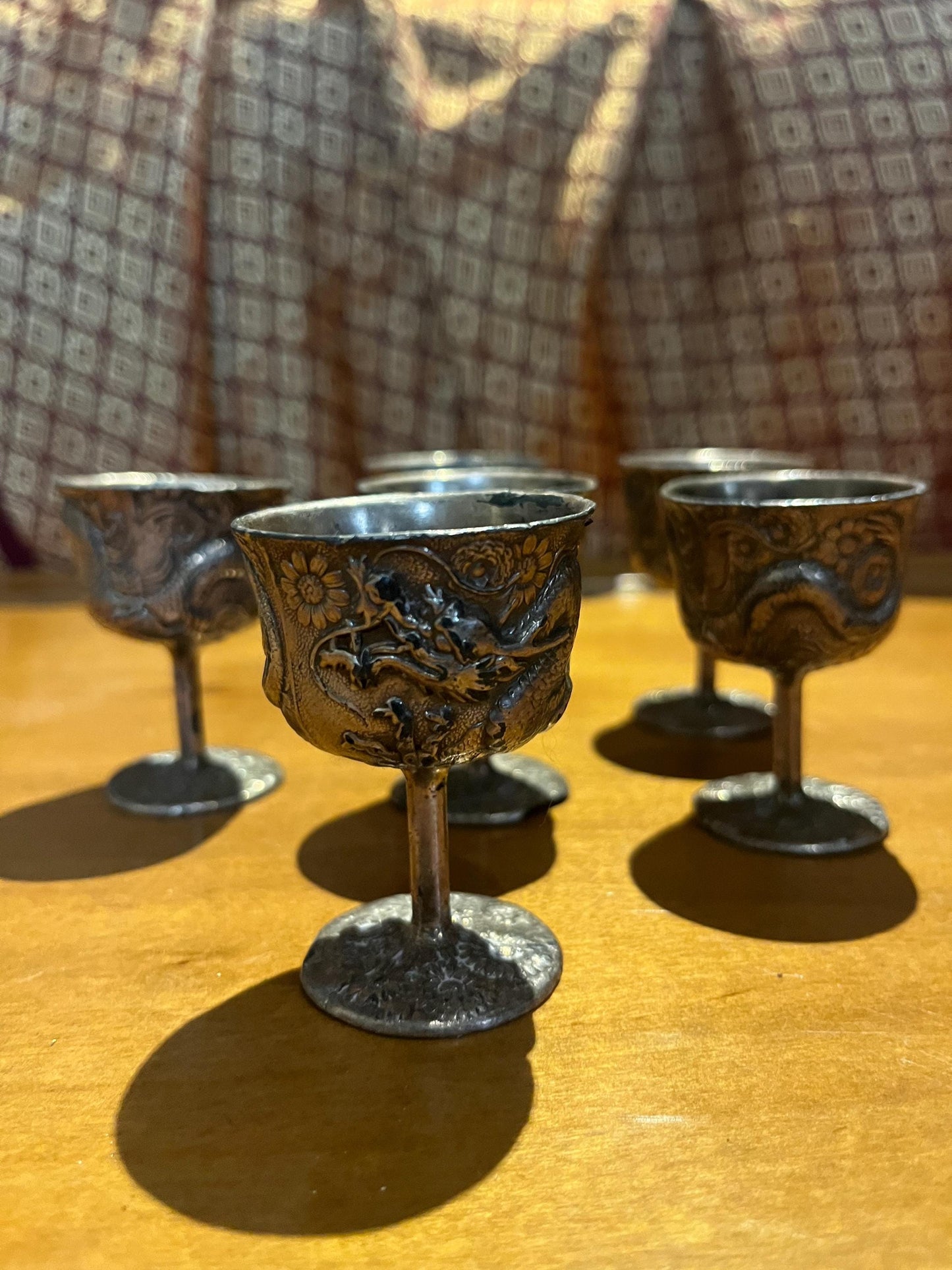 Set of six Chinese silver untested dragon cups   2 1/2 inches tall  great value  Chinese dragons should rule the world