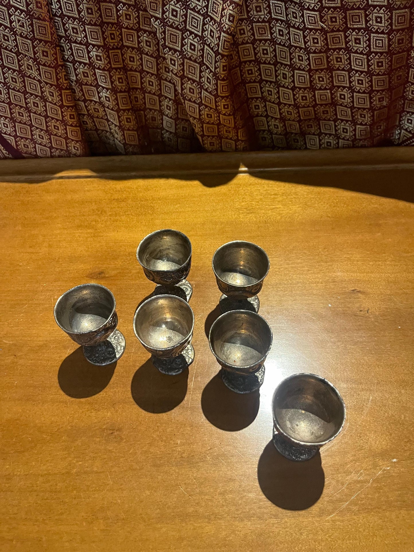 Set of six Chinese silver untested dragon cups   2 1/2 inches tall  great value  Chinese dragons should rule the world