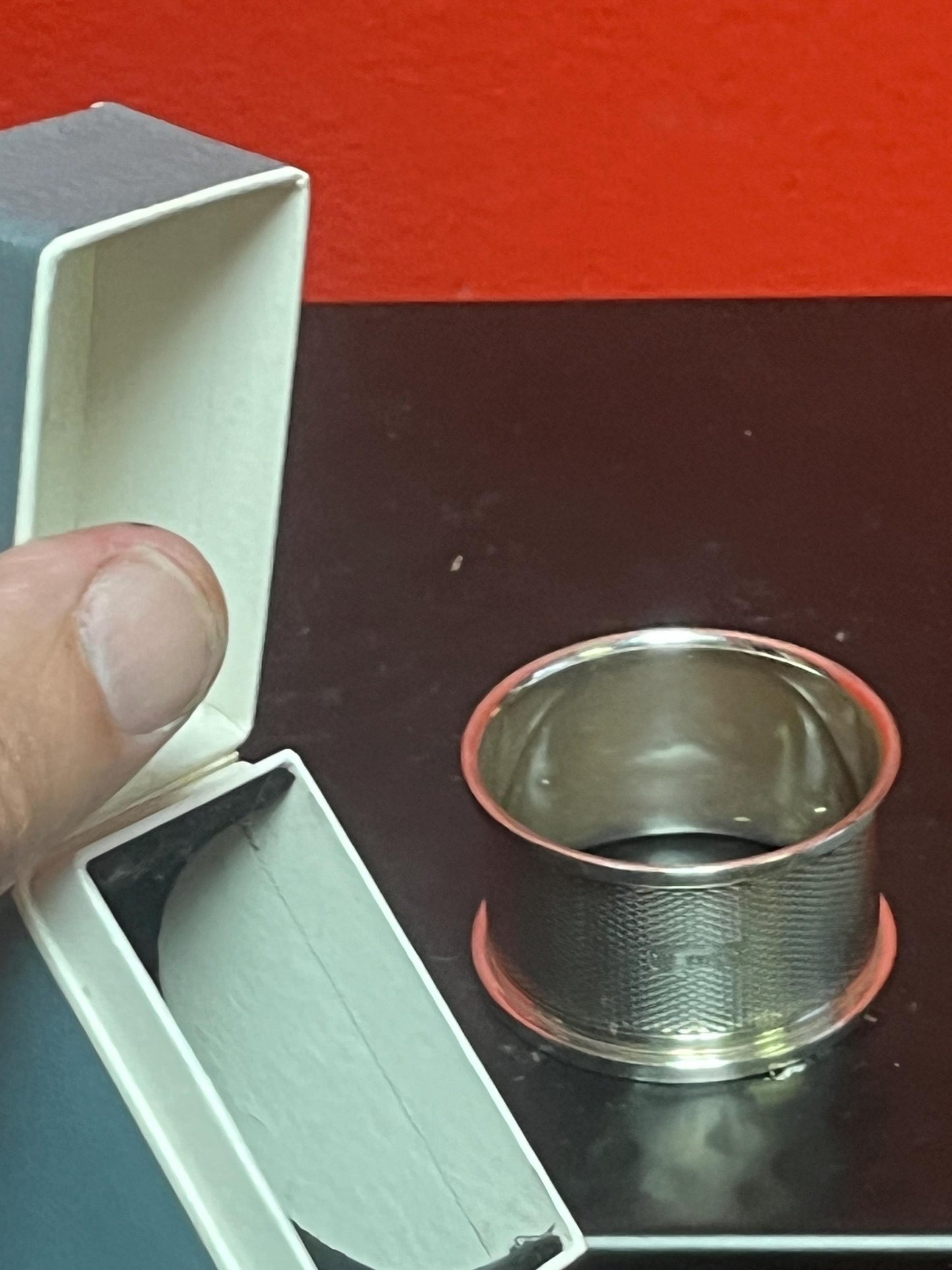 Lovely antique English hallmarked napkin ring with engine turning in original box monogrammed F 4 matching available  all mint condition