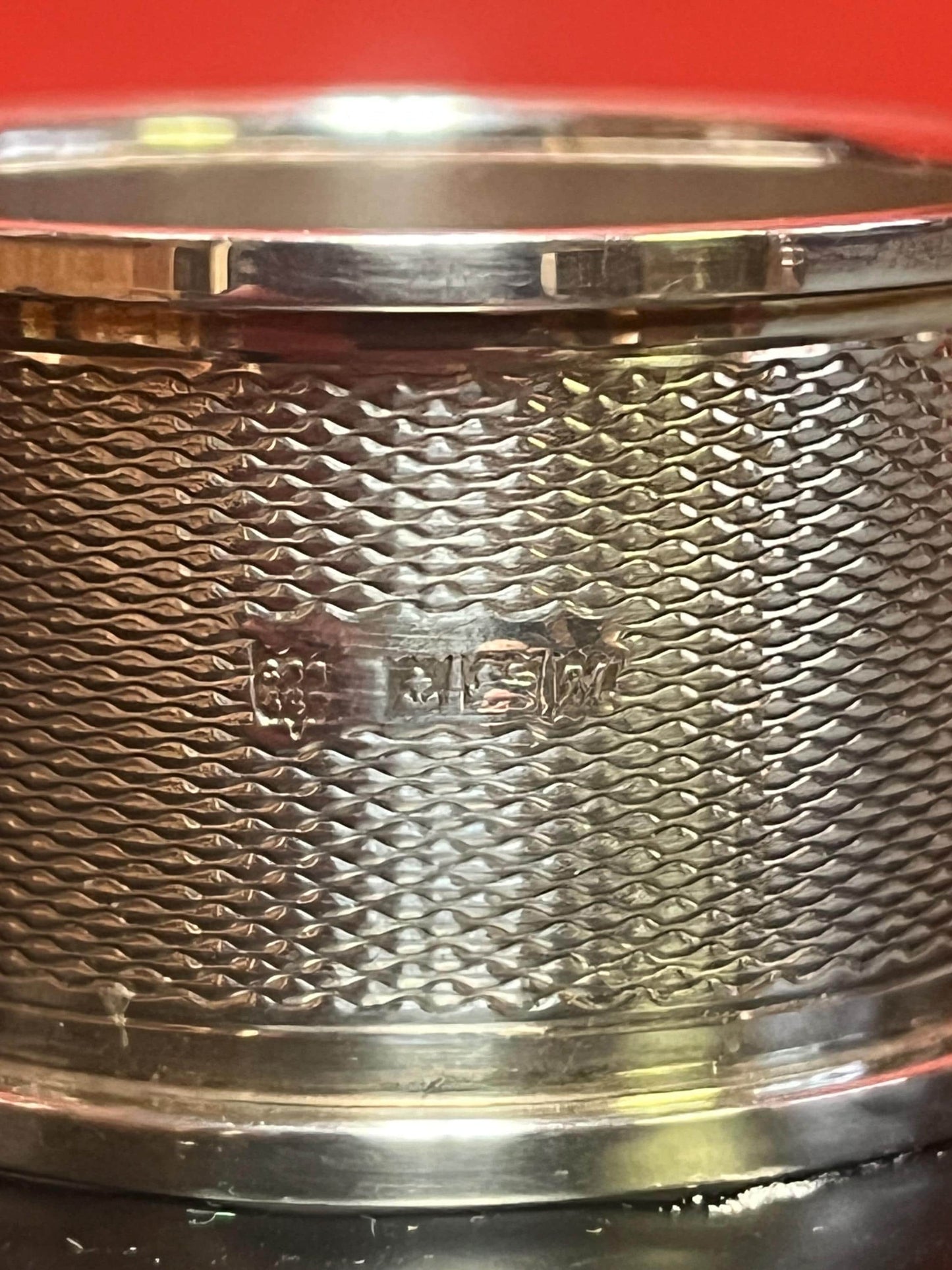 Lovely antique English hallmarked napkin ring with engine turning in original box monogrammed F 4 matching available  all mint condition