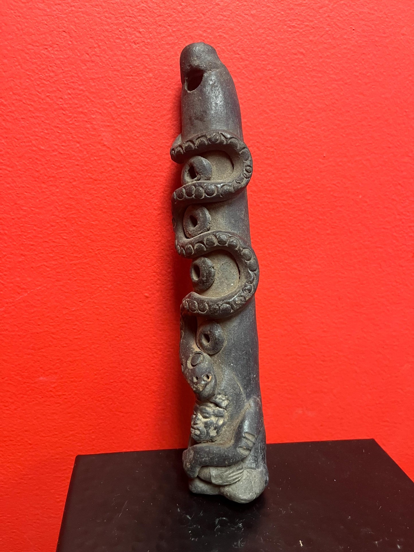Lovely 9 inch long pre-Colombian Clay  whistle with amazing imagery  wow