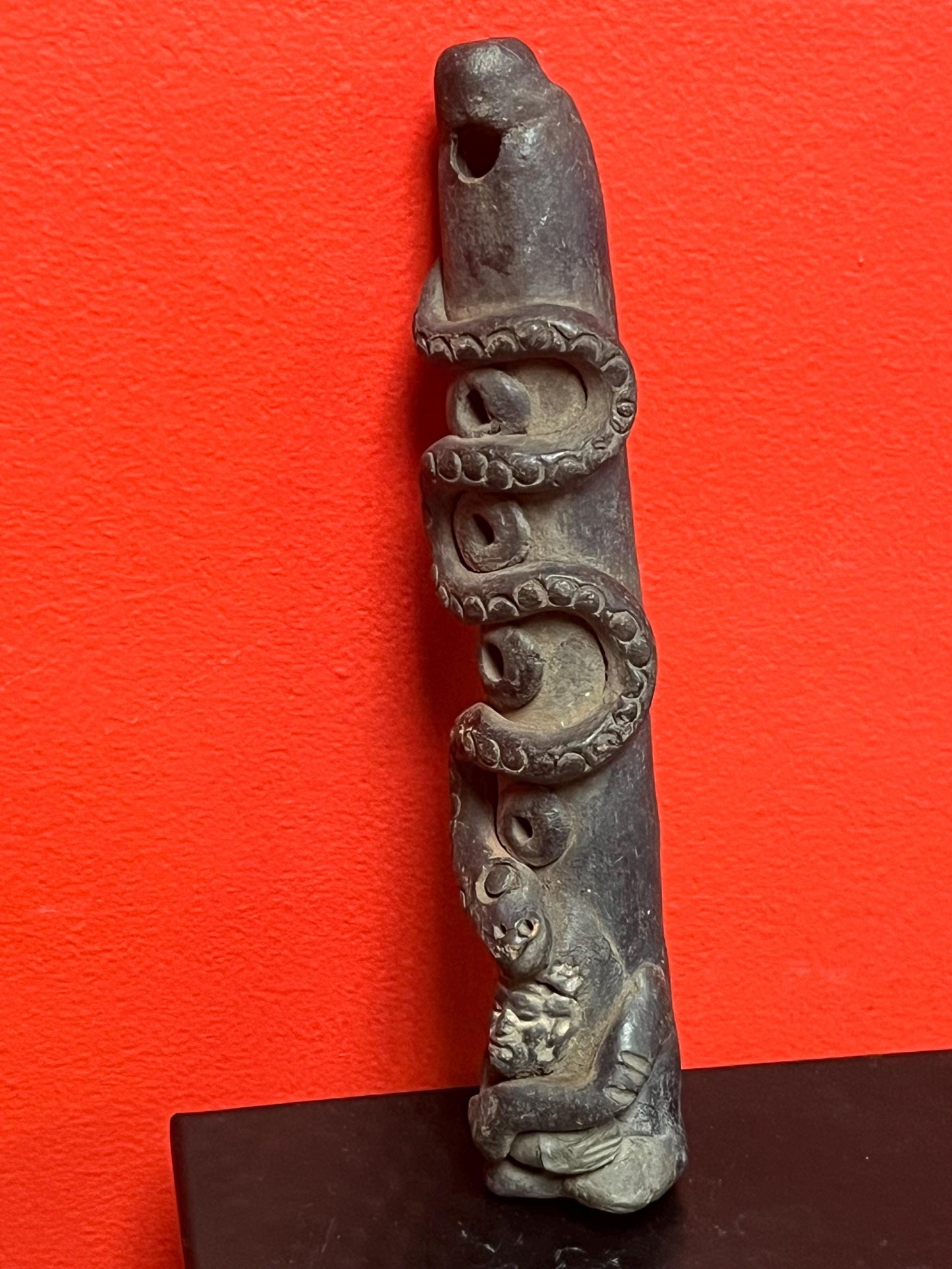 Lovely 9 inch long pre-Colombian Clay  whistle with amazing imagery  wow