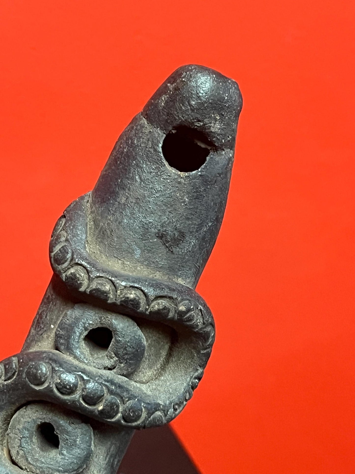 Lovely 9 inch long pre-Colombian Clay  whistle with amazing imagery  wow