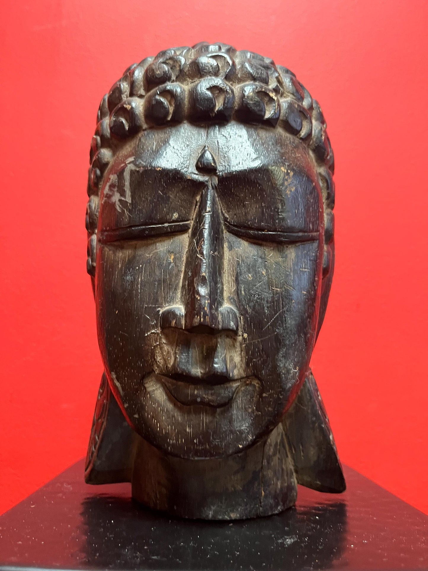 Beautiful Asian wooden 10 inch high Buddha head with serene facial look   nice quality and great value  perfect gift - 640 g