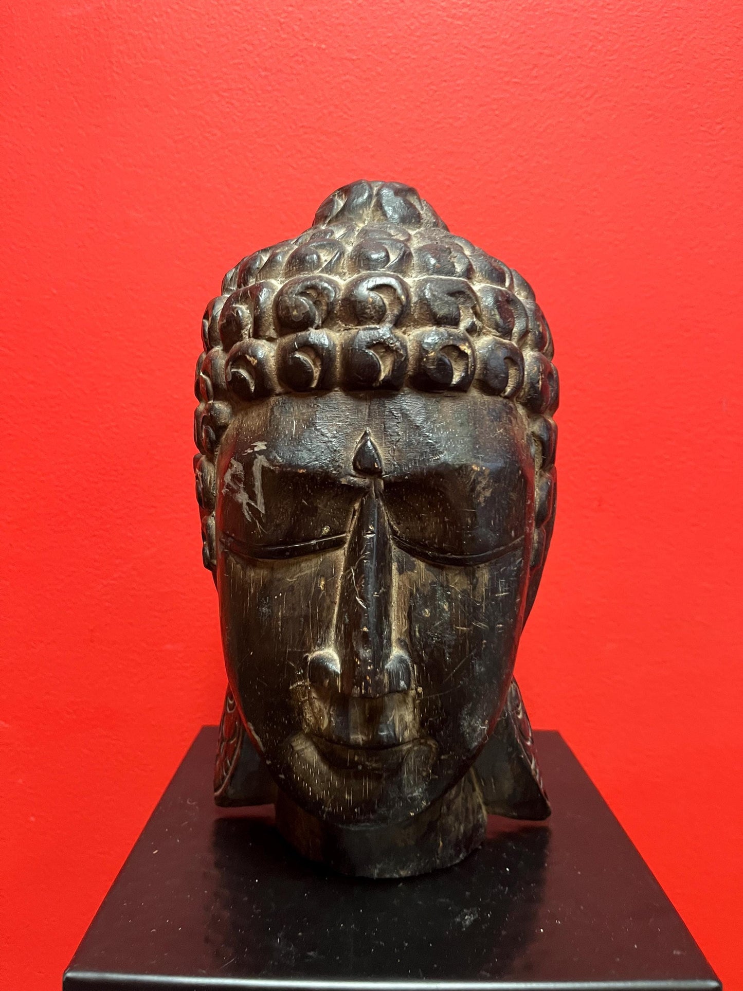 Beautiful Asian wooden 10 inch high Buddha head with serene facial look   nice quality and great value  perfect gift - 640 g