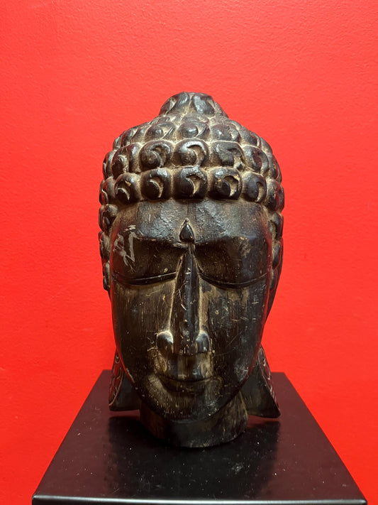 Beautiful Asian wooden 10 inch high Buddha head with serene facial look   nice quality and great value  perfect gift - 640 g
