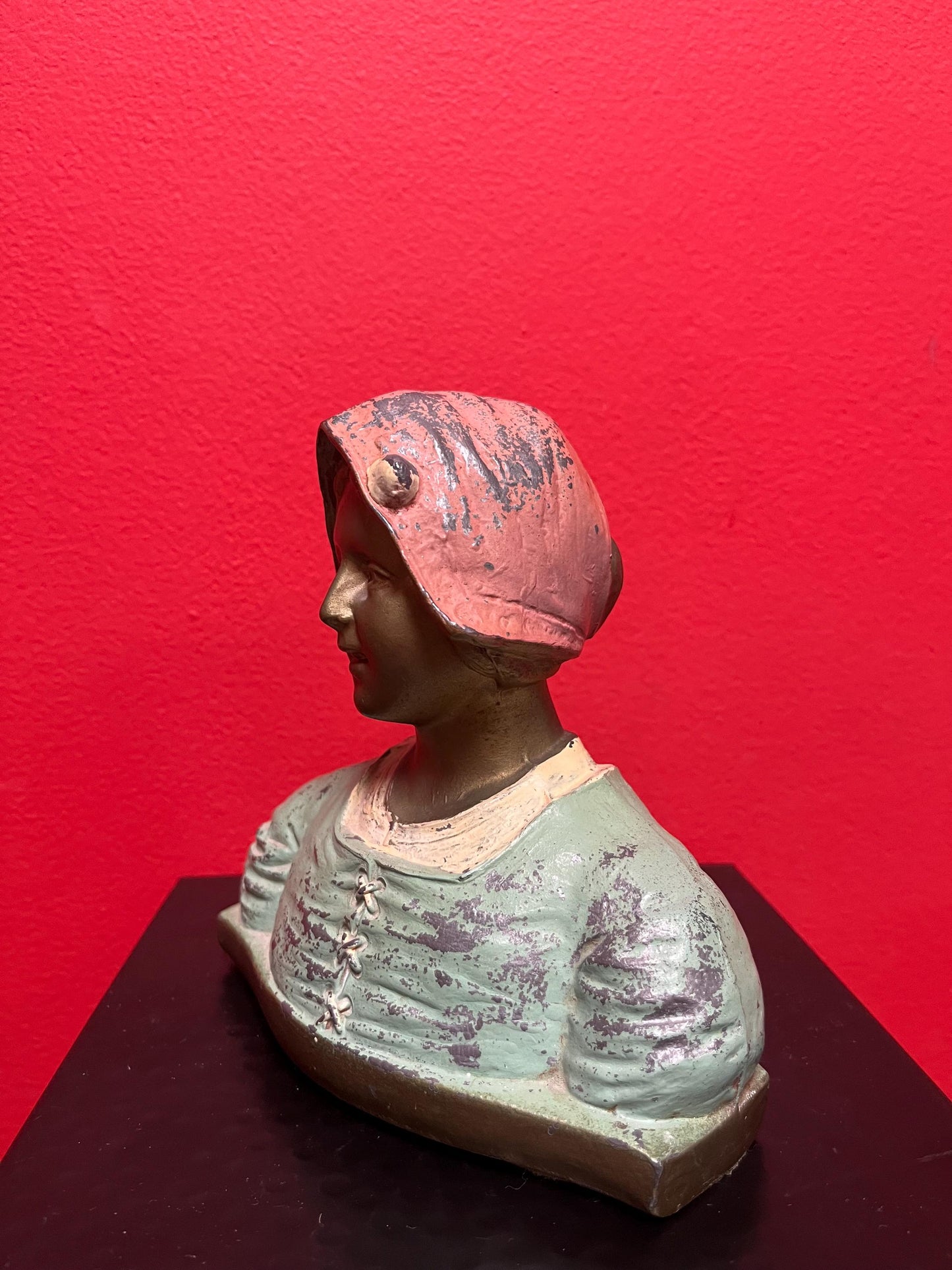 6 x 6 inch cast cold painted bronze Dutch statue  lovely patina - heavy and wonderful