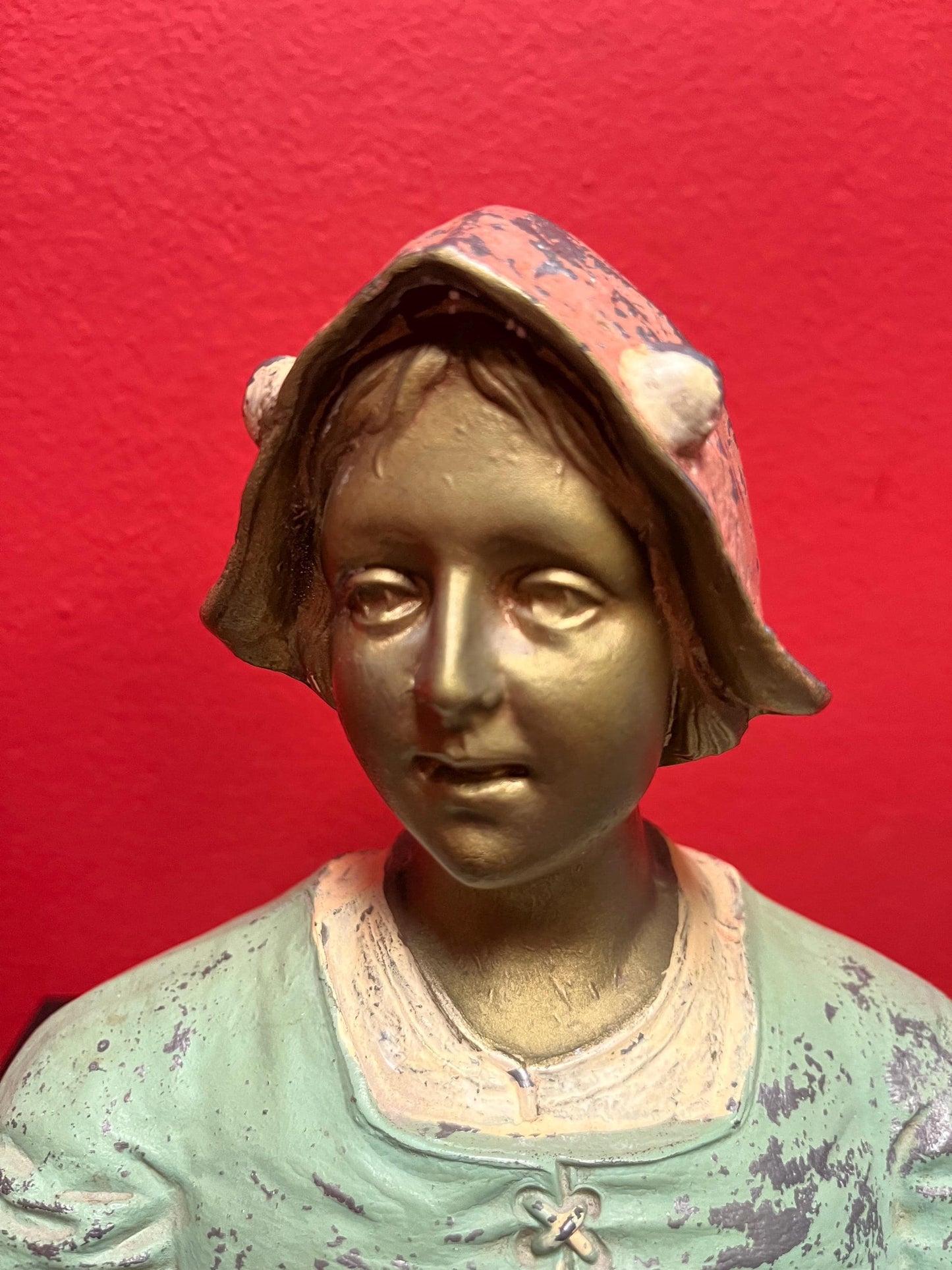 6 x 6 inch cast cold painted bronze Dutch statue  lovely patina - heavy and wonderful